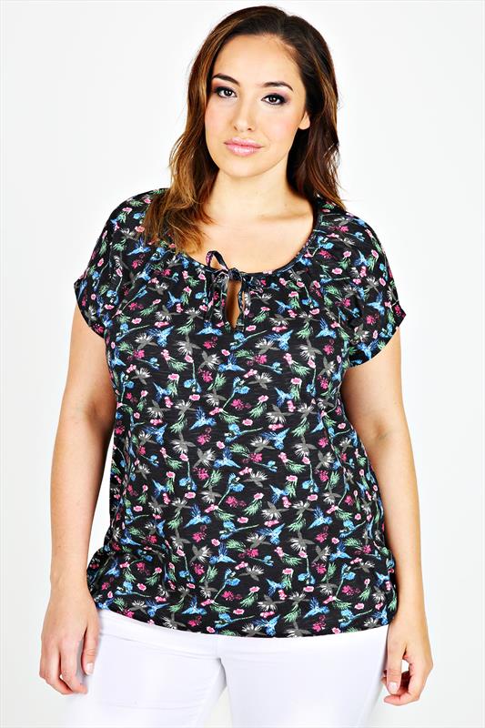 Black Floral Short Sleeve Printed Gypsy Top Plus size 16,18,20,22,24,26 ...
