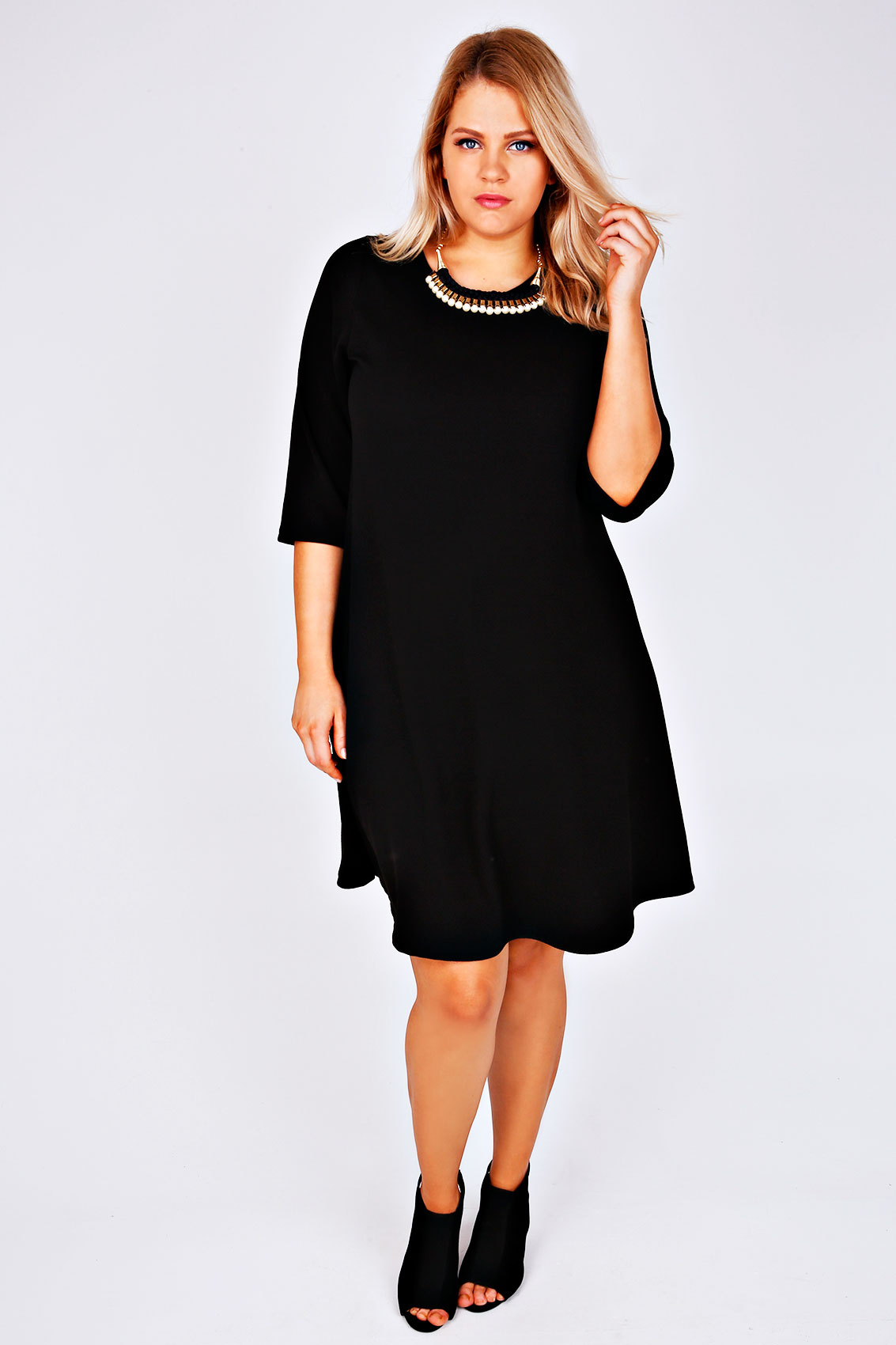 Black 3/4 Sleeve Textured Swing Dress With Statement Necklace plus size ...