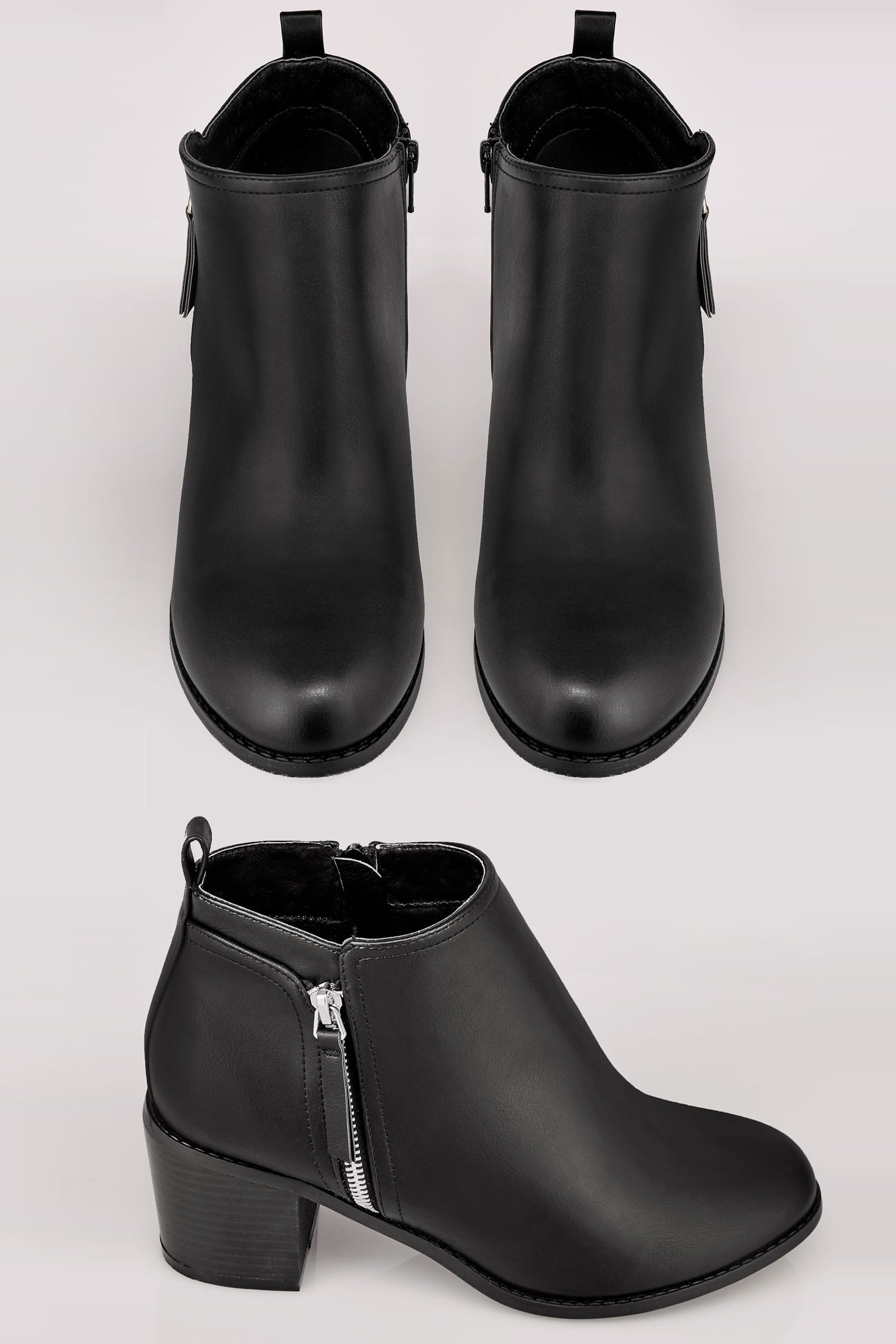 Black Ankle Boots With Block Heel & Side Zips In TRUE EEE Fit, Sizes ...