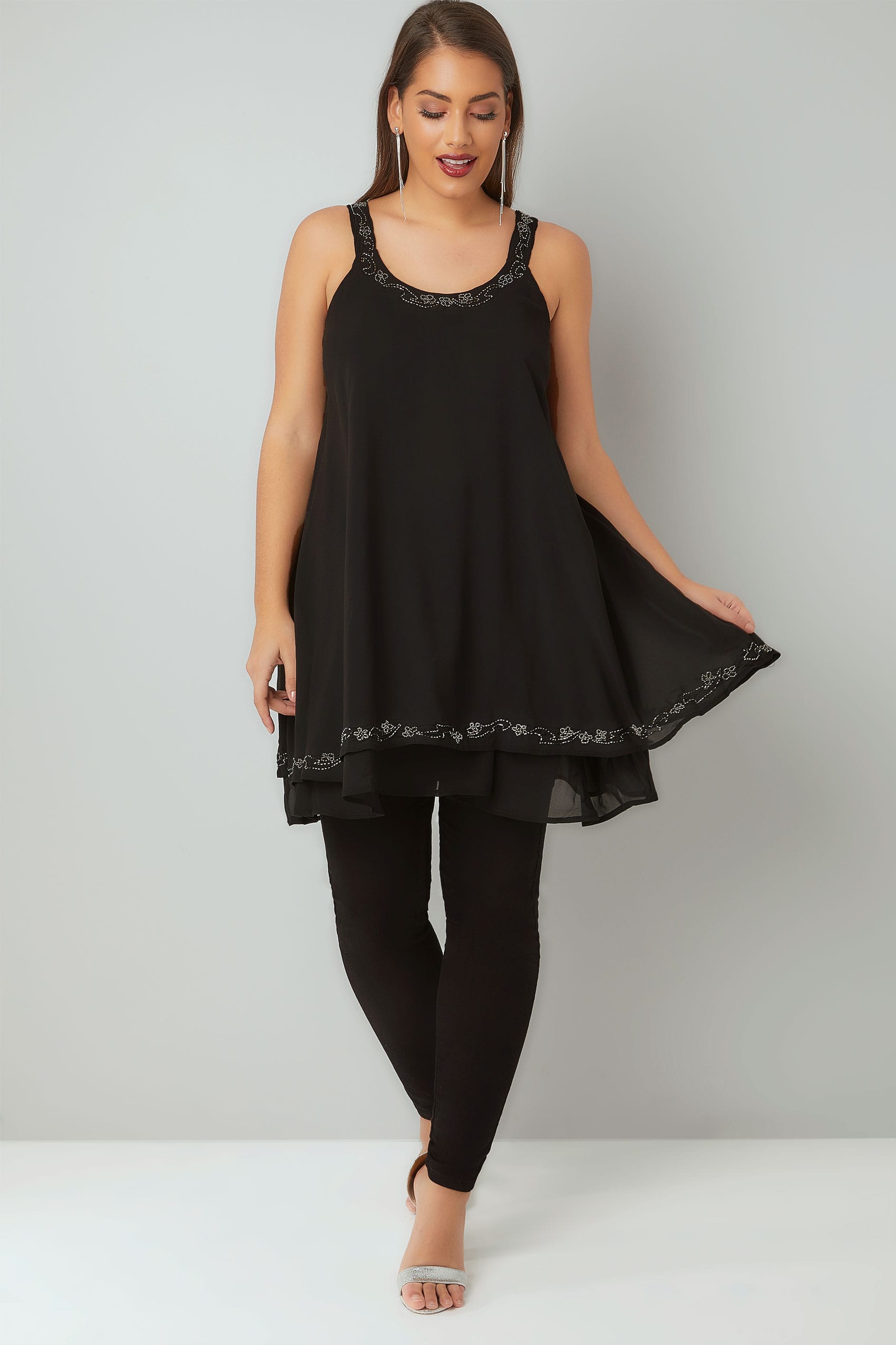 Black Bead And Stone Embellished Longline Layered Vest Top
