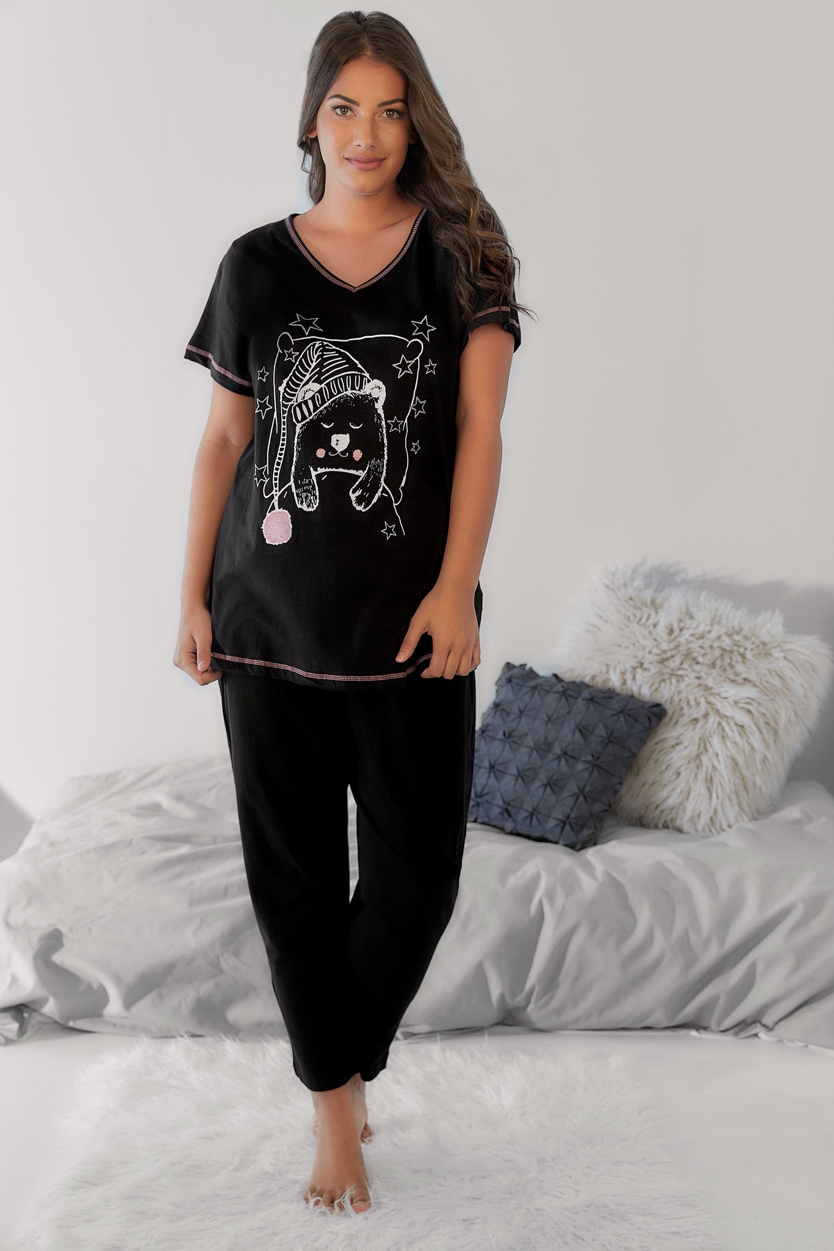 Black Bear Print Pyjama Top Plus Size 16 To 36