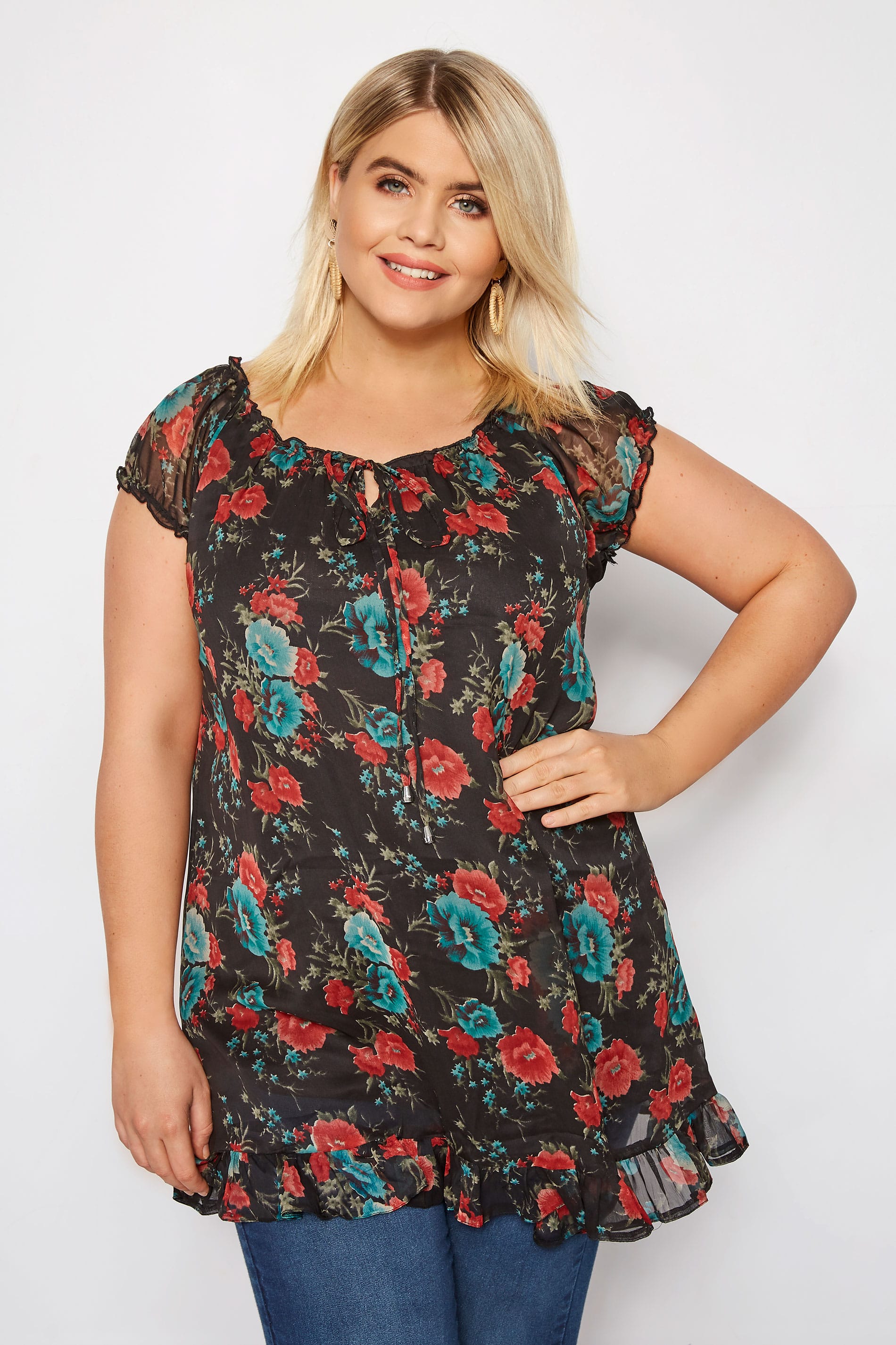 Black Floral Short Sleeve Printed Gypsy Top Plus size 16 
