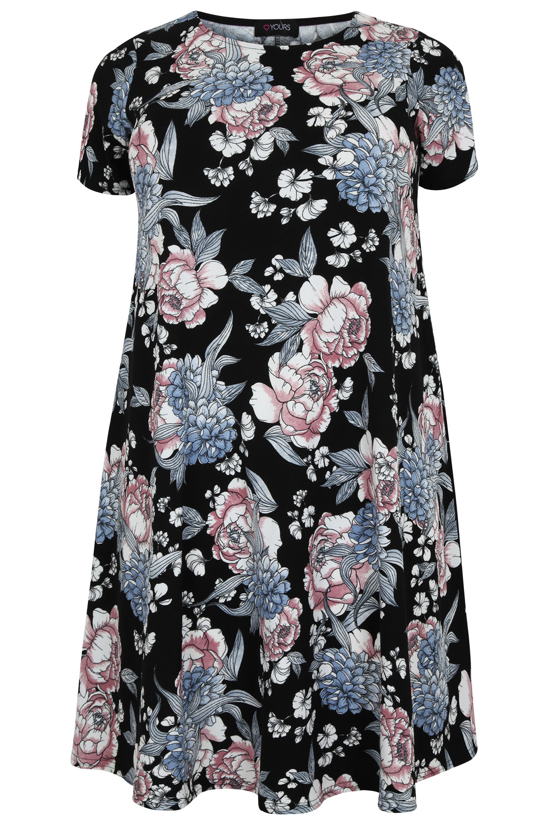 Black, Blue & Pink Floral Print Swing Dress plus Size 16 to 32