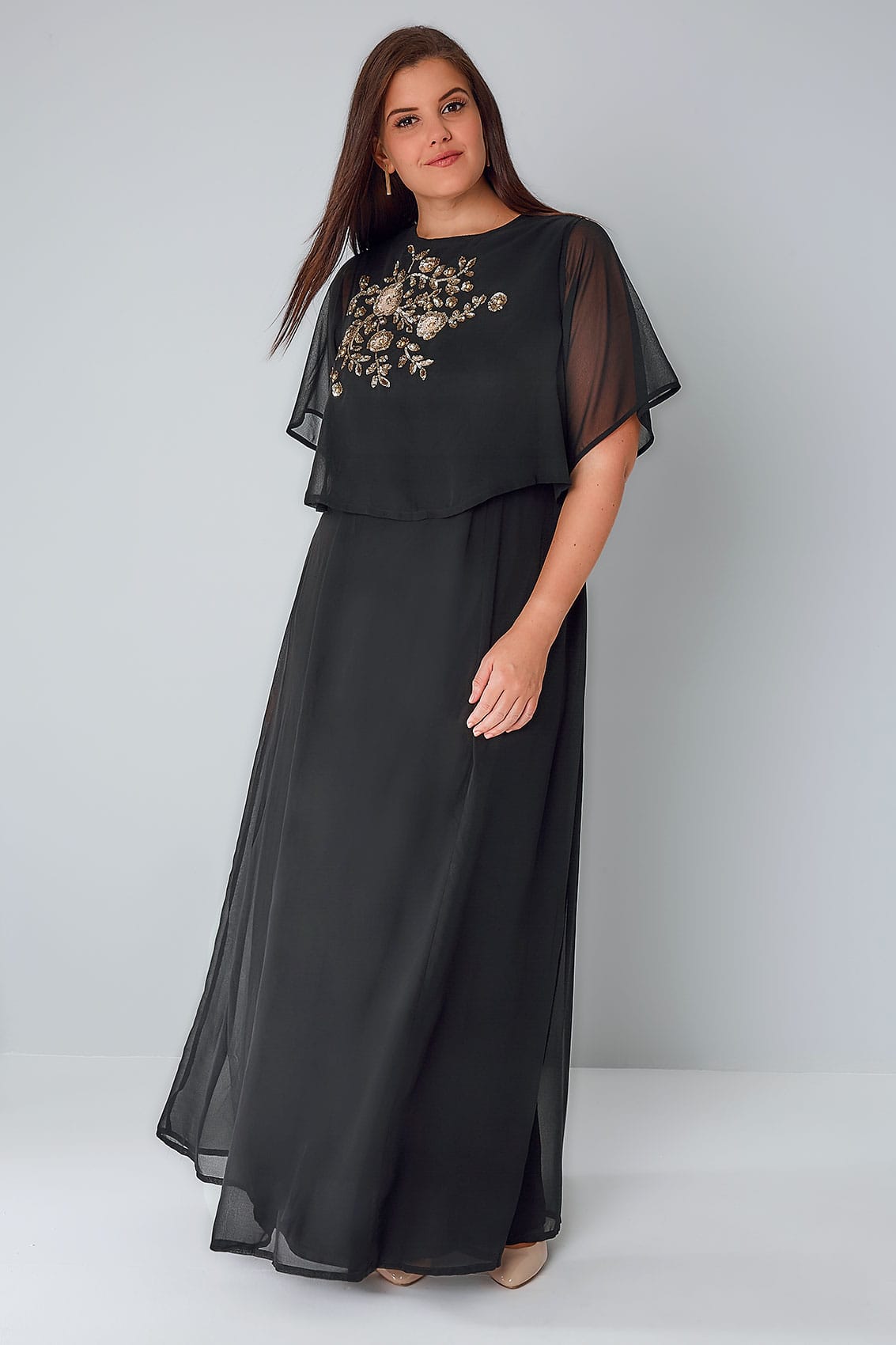 Black Chiffon Maxi Dress With Cape Back & Sequin Floral Embroidery ...