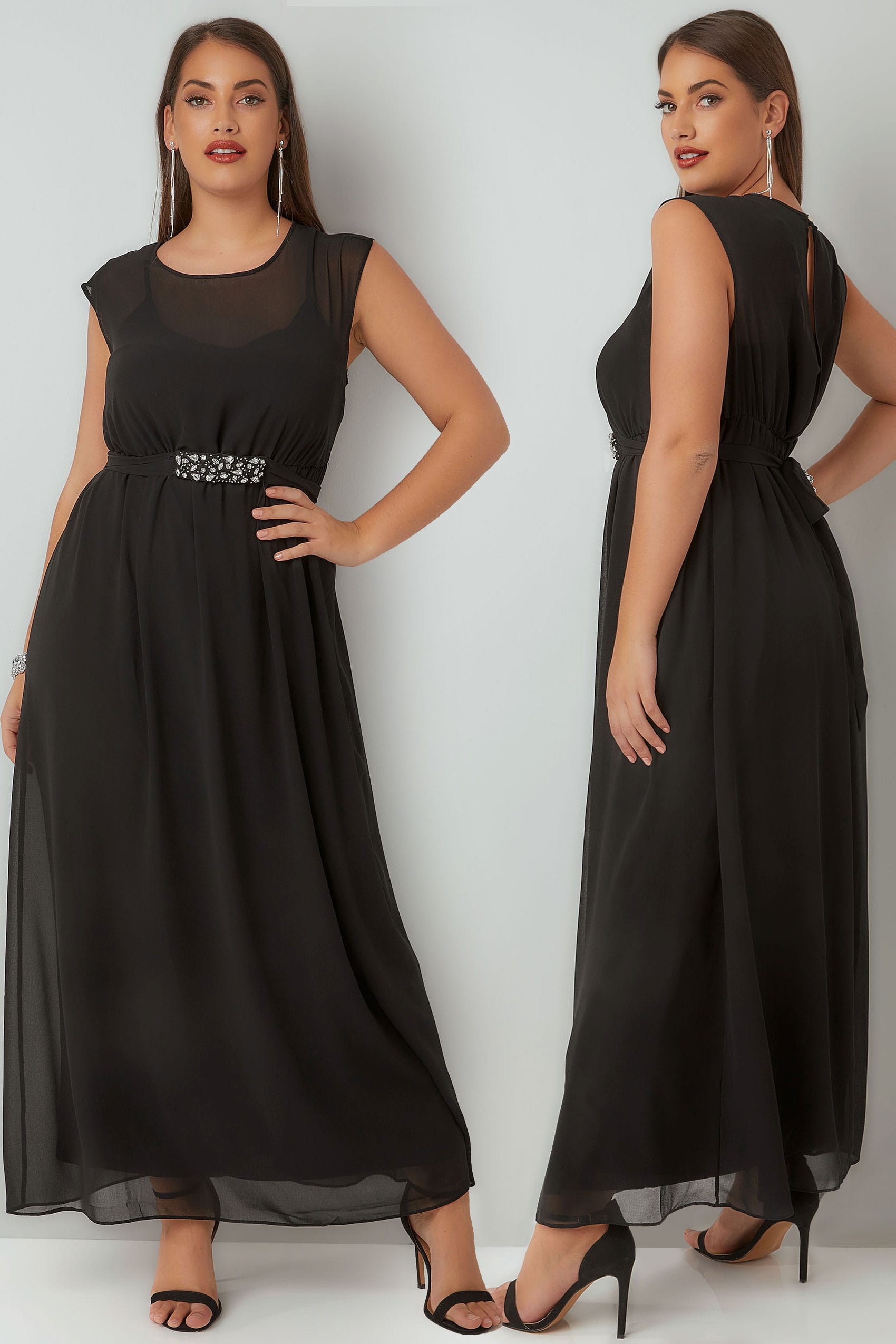 Black Chiffon Maxi Dress With Embellished Tie Waist & Split Back, Plus ...