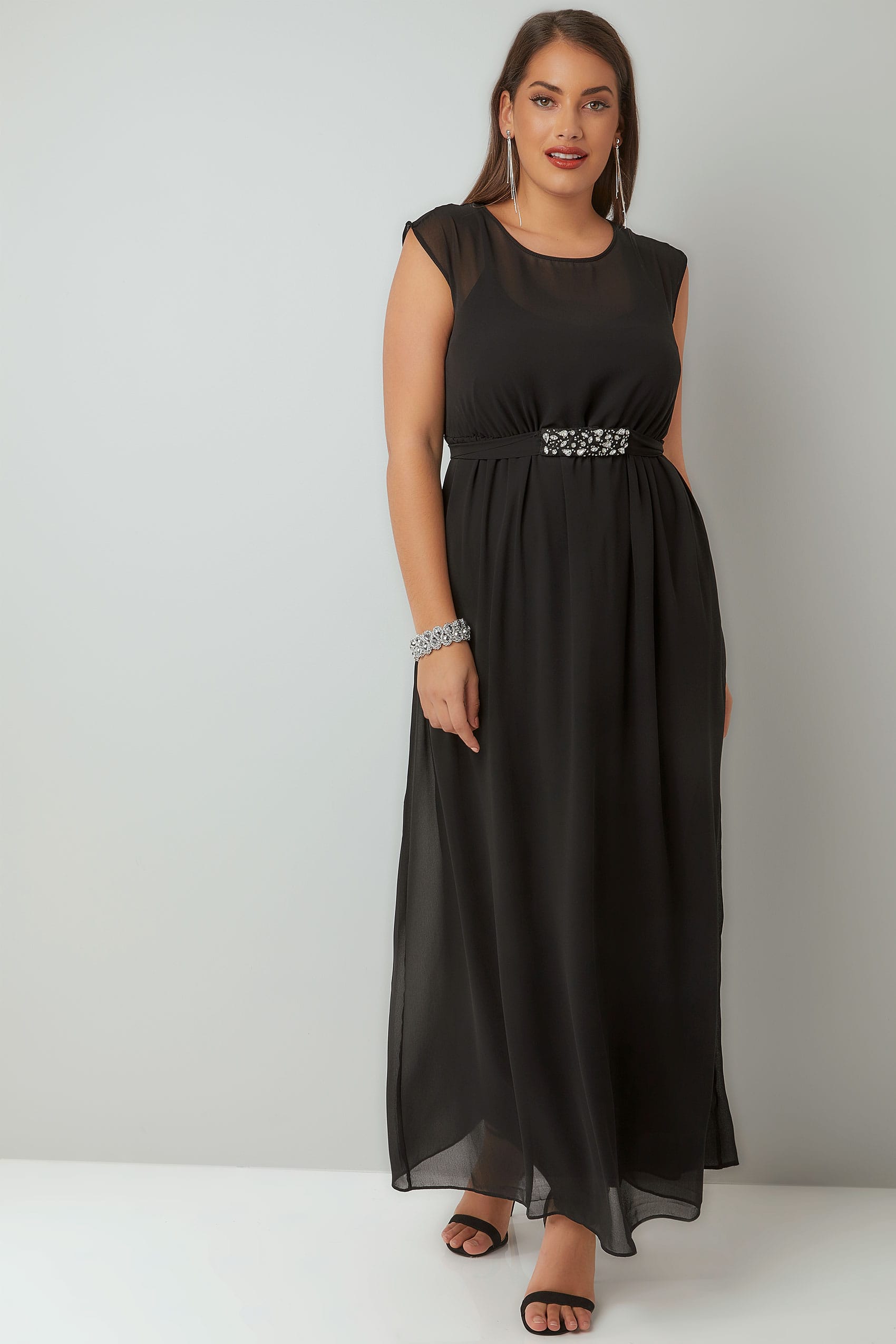 Black Chiffon Maxi Dress With Embellished Tie Waist & Split Back, Plus ...