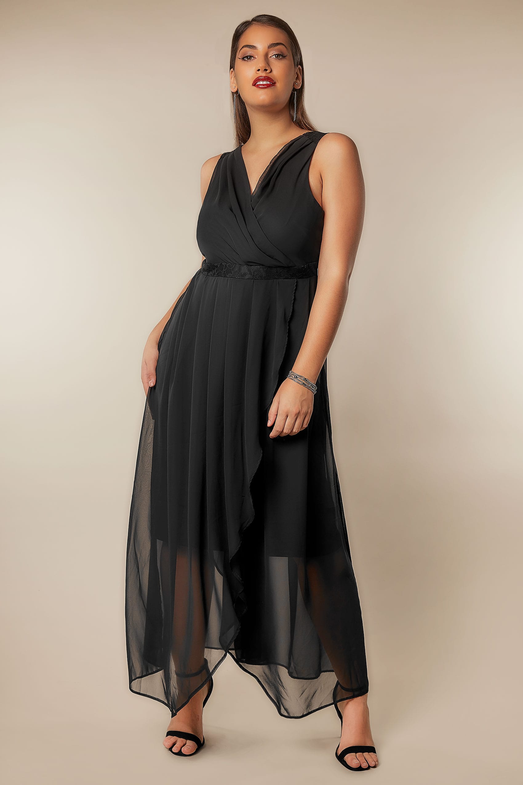 Black Chiffon Maxi Dress With Wrap Front & Lace Details Plus size 16 to 36