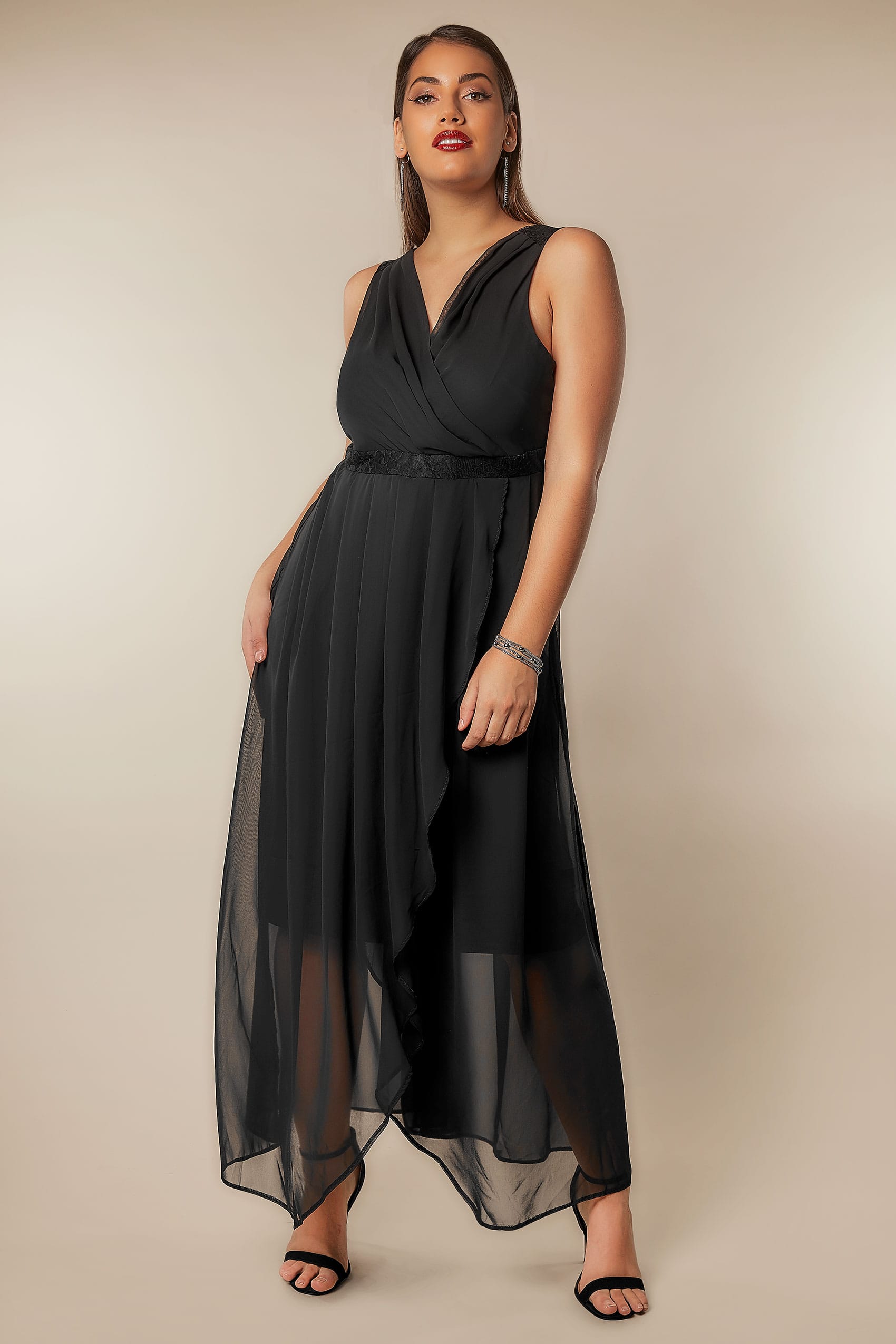 Black Chiffon Maxi Dress With Wrap Front And Lace Details Plus Size 16 To 36 2815