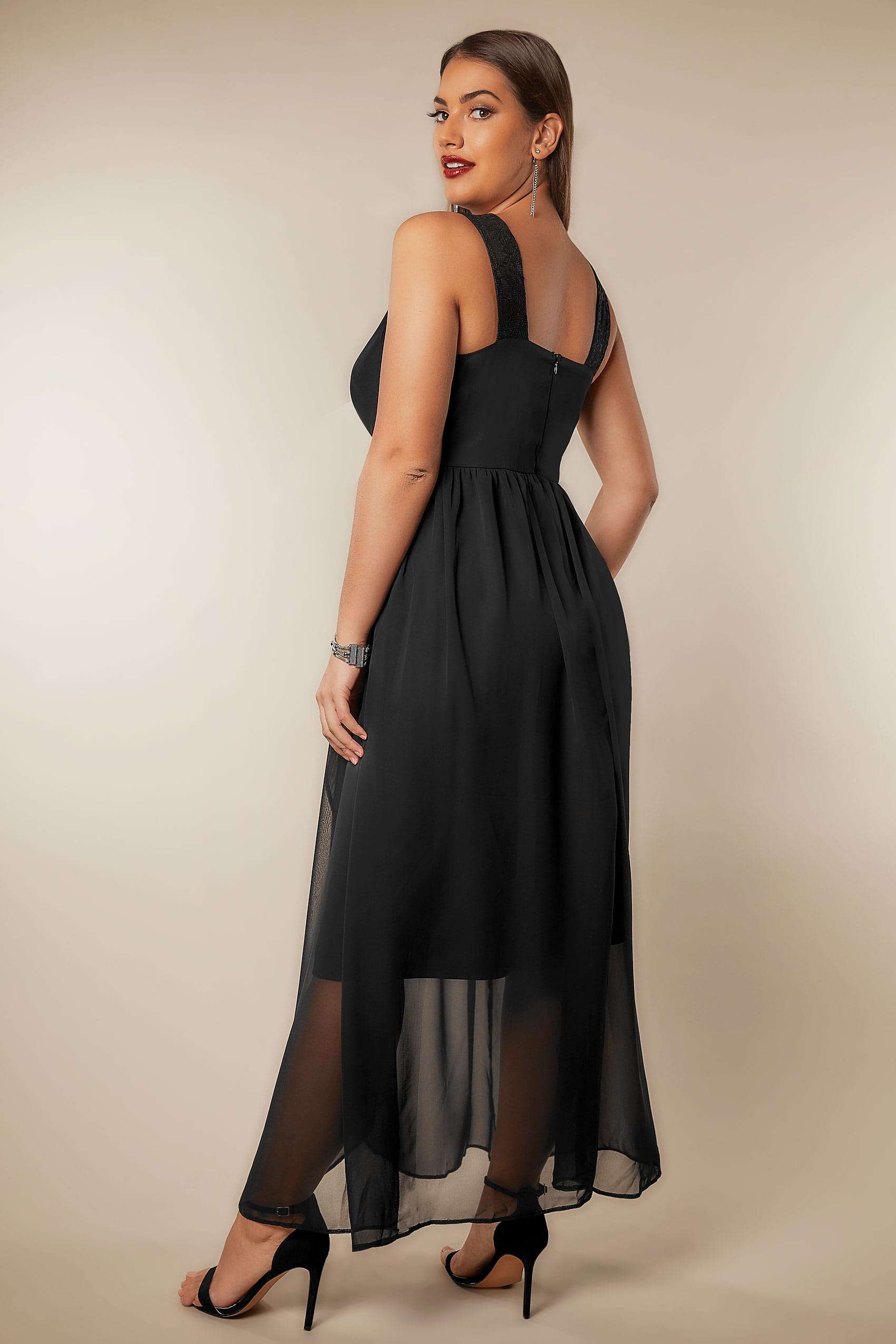 Black Chiffon Maxi Dress With Wrap Front & Lace Details Plus size 16 to 36