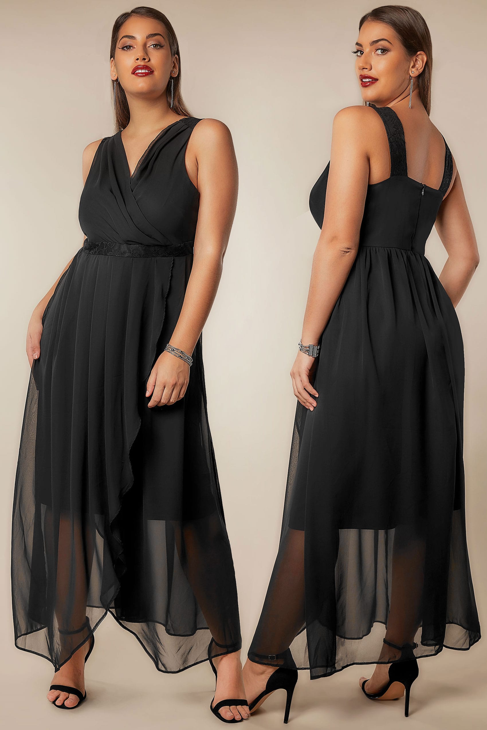 Schwarzes Chiffon Maxikleid mit Wickeloptik und Spitzendetails, Große