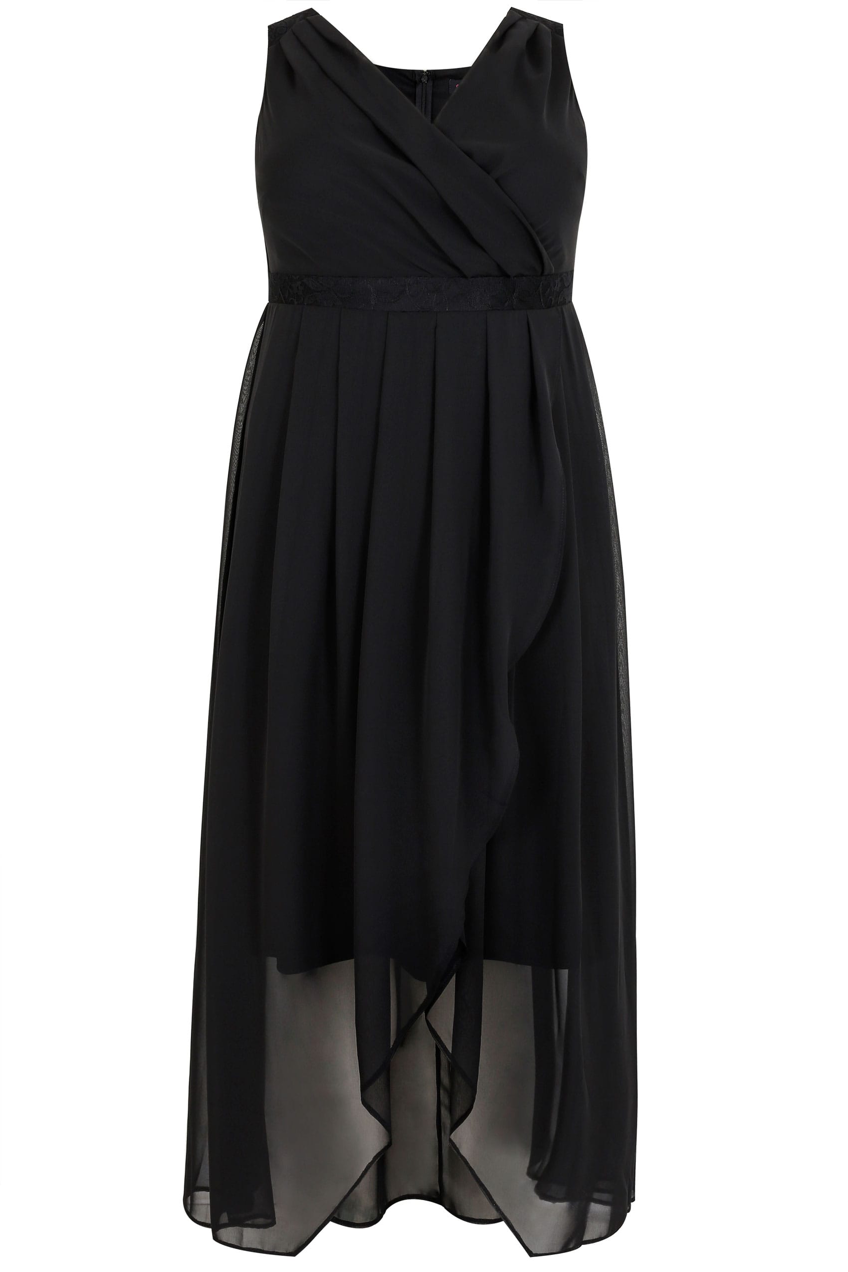 Black Chiffon Maxi Dress With Wrap Front & Lace Details Plus size 16 to 36