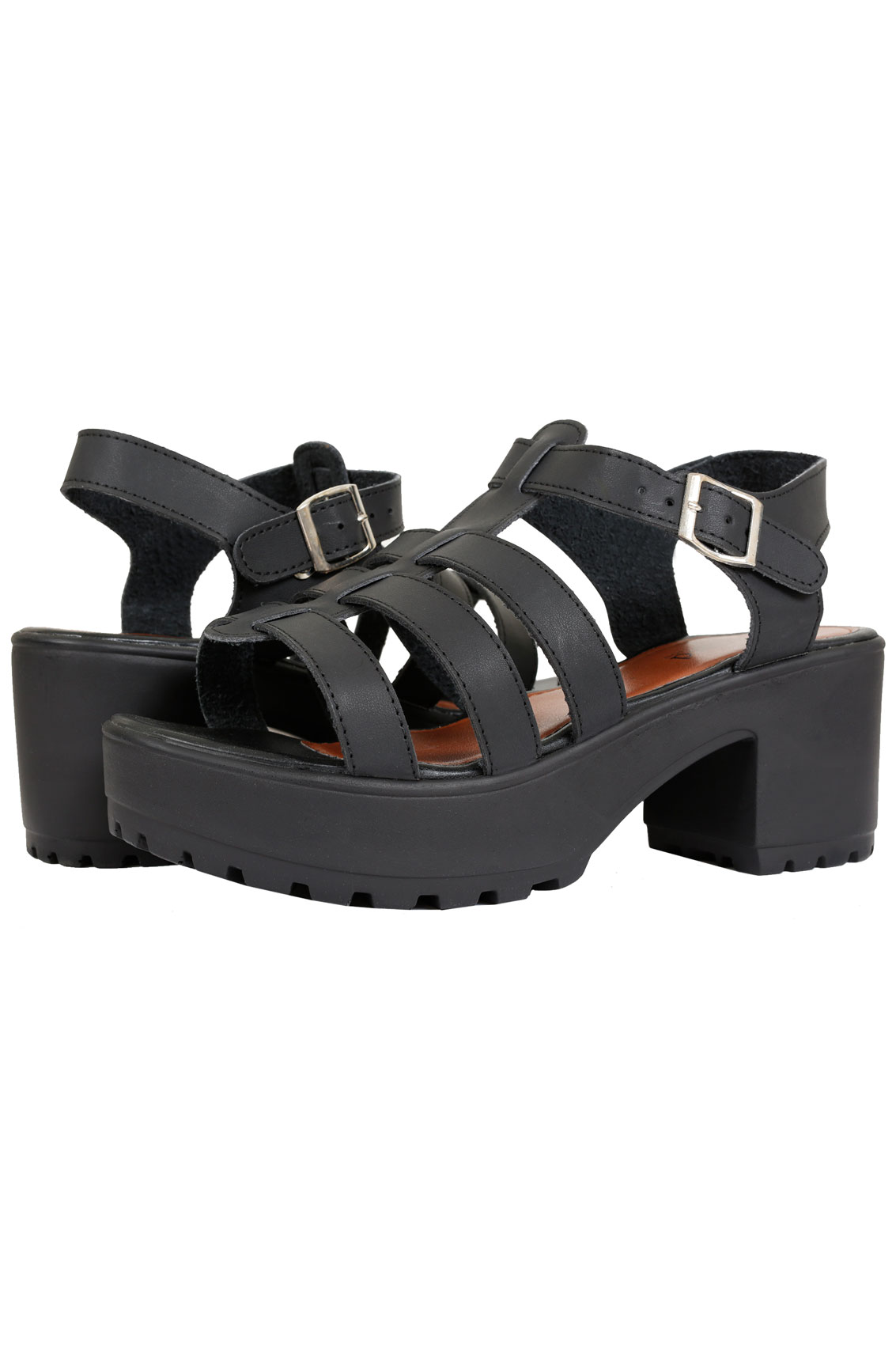 Black Cleated Platform Gladiator Sandals In EEE Fit
