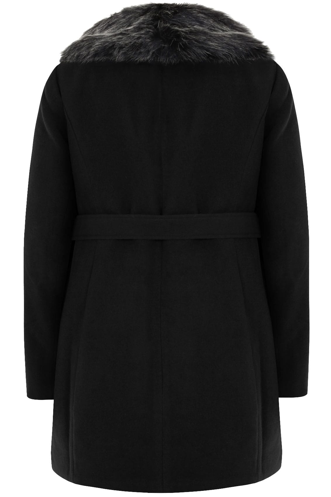 Black Coat With Faux Fur Collar & Tie Waist, Plus size 16 to 36