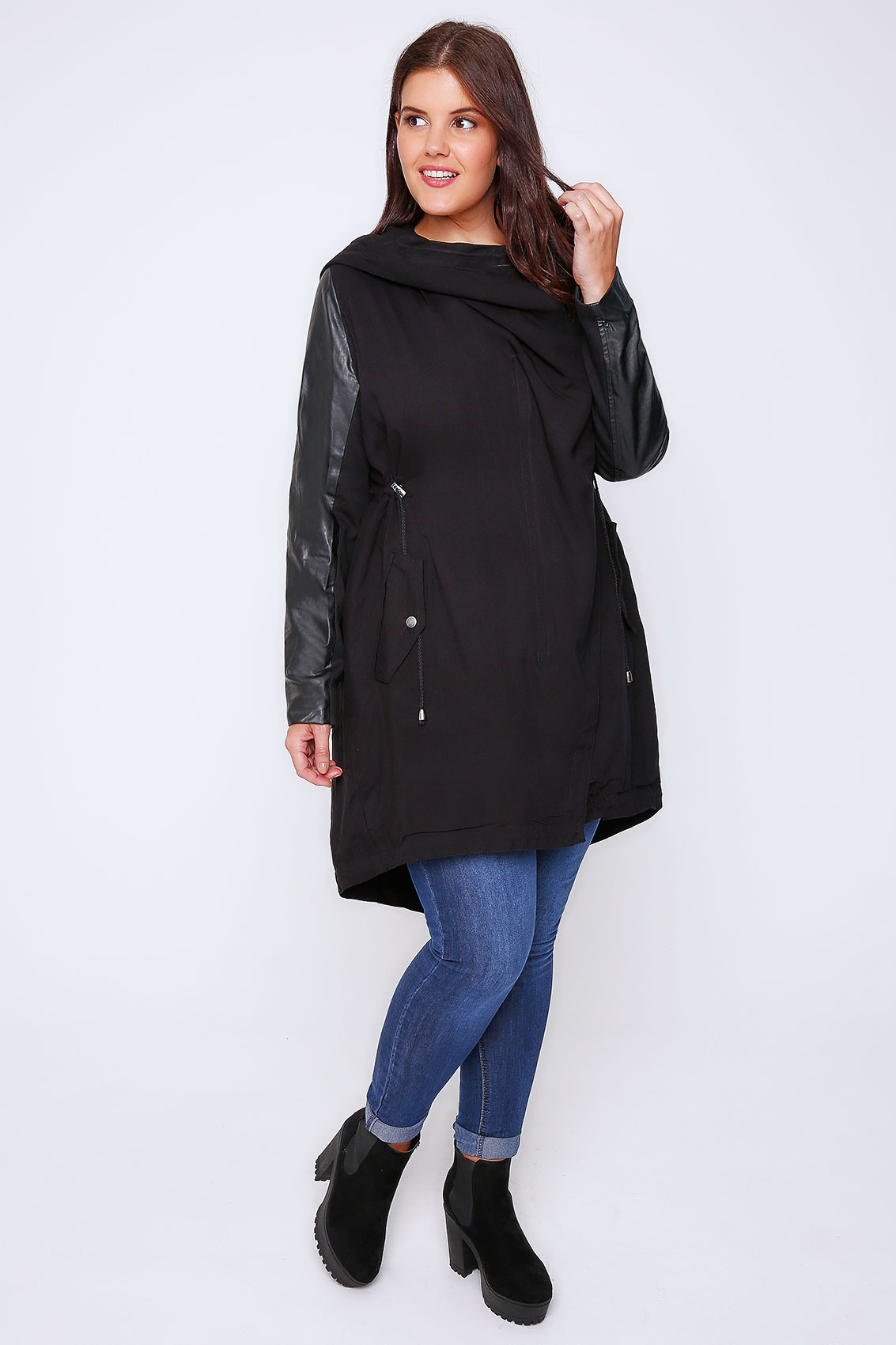 Black Cocoon Shaped Parka Coat With PU Sleeves Plus Size 16 to 32