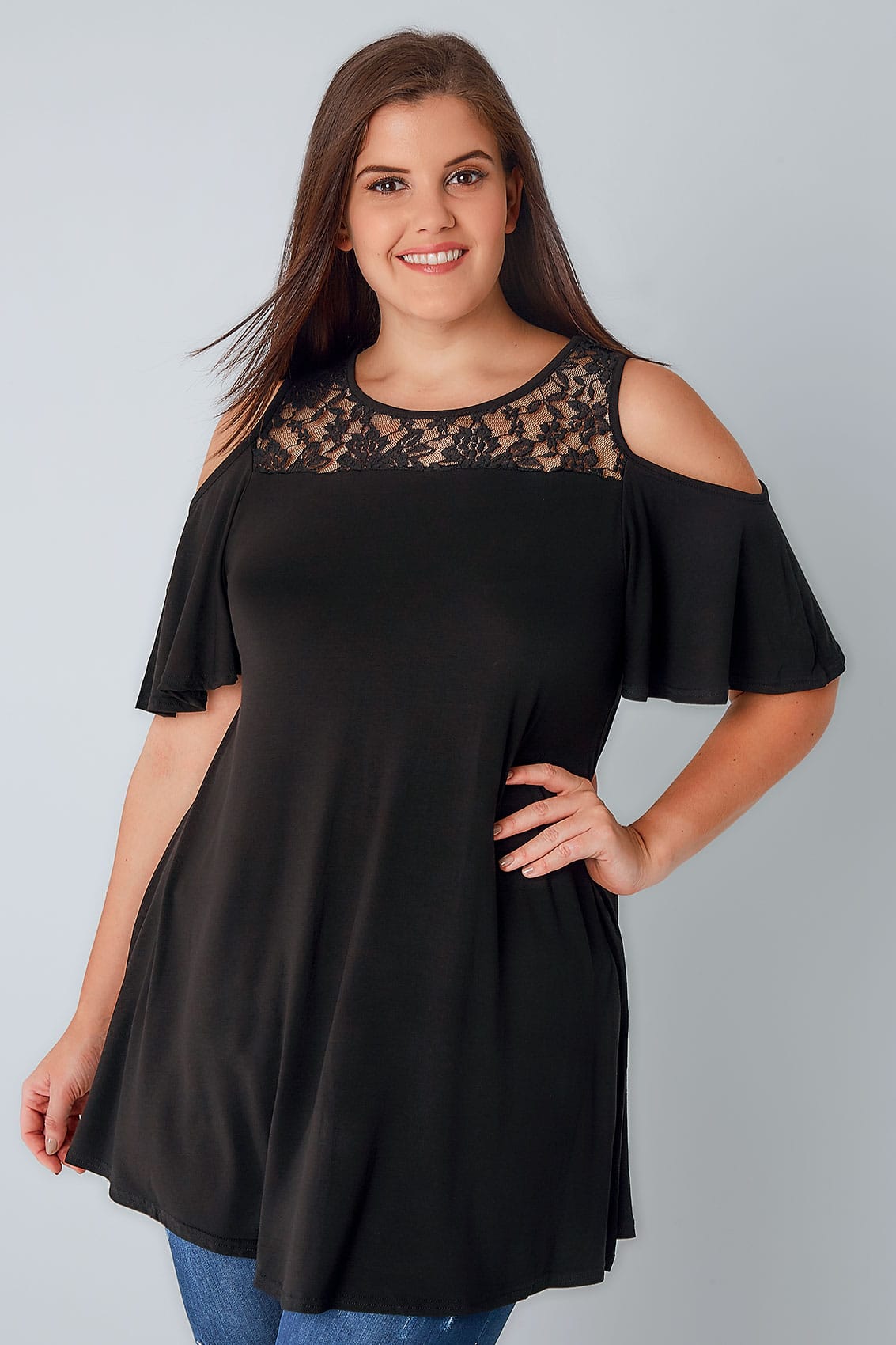 Black Cold Shoulder Longline Jersey Top With Lace Panel, Plus size 16 to 36
