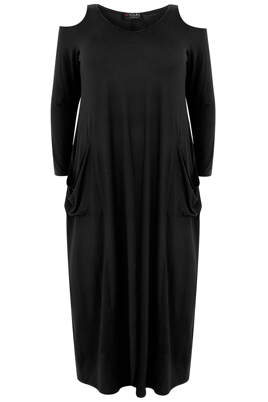 Black Cold Shoulder Maxi Dress With Long Sleeves & Drop Pockets, Plus ...