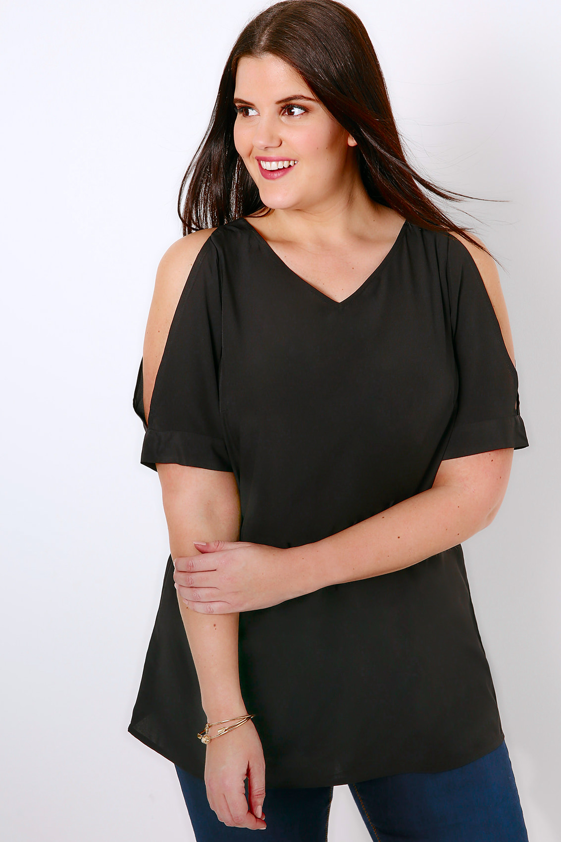 Black Cold Shoulder Woven Top With V-Neck, Plus size 16 to 36