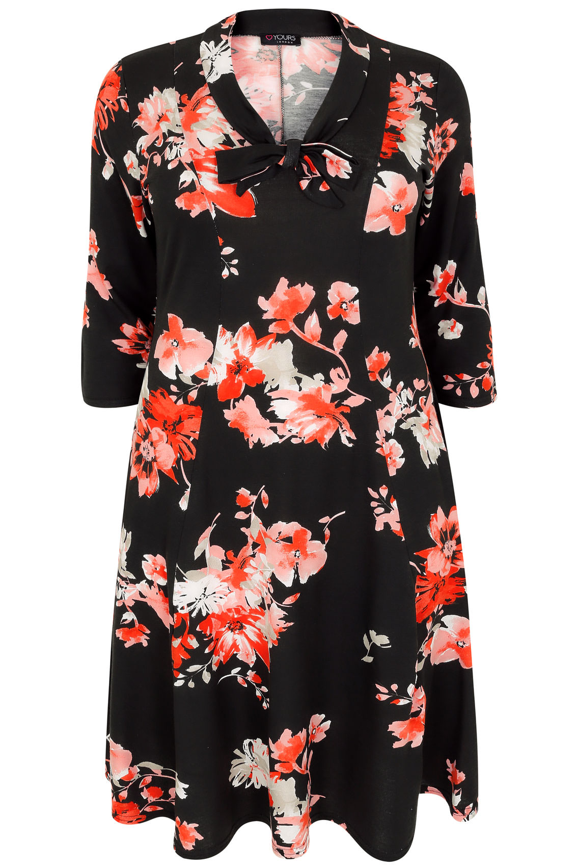 Black & Coral Floral Print Dress With Pussy Bow, Plus size 16 to 36
