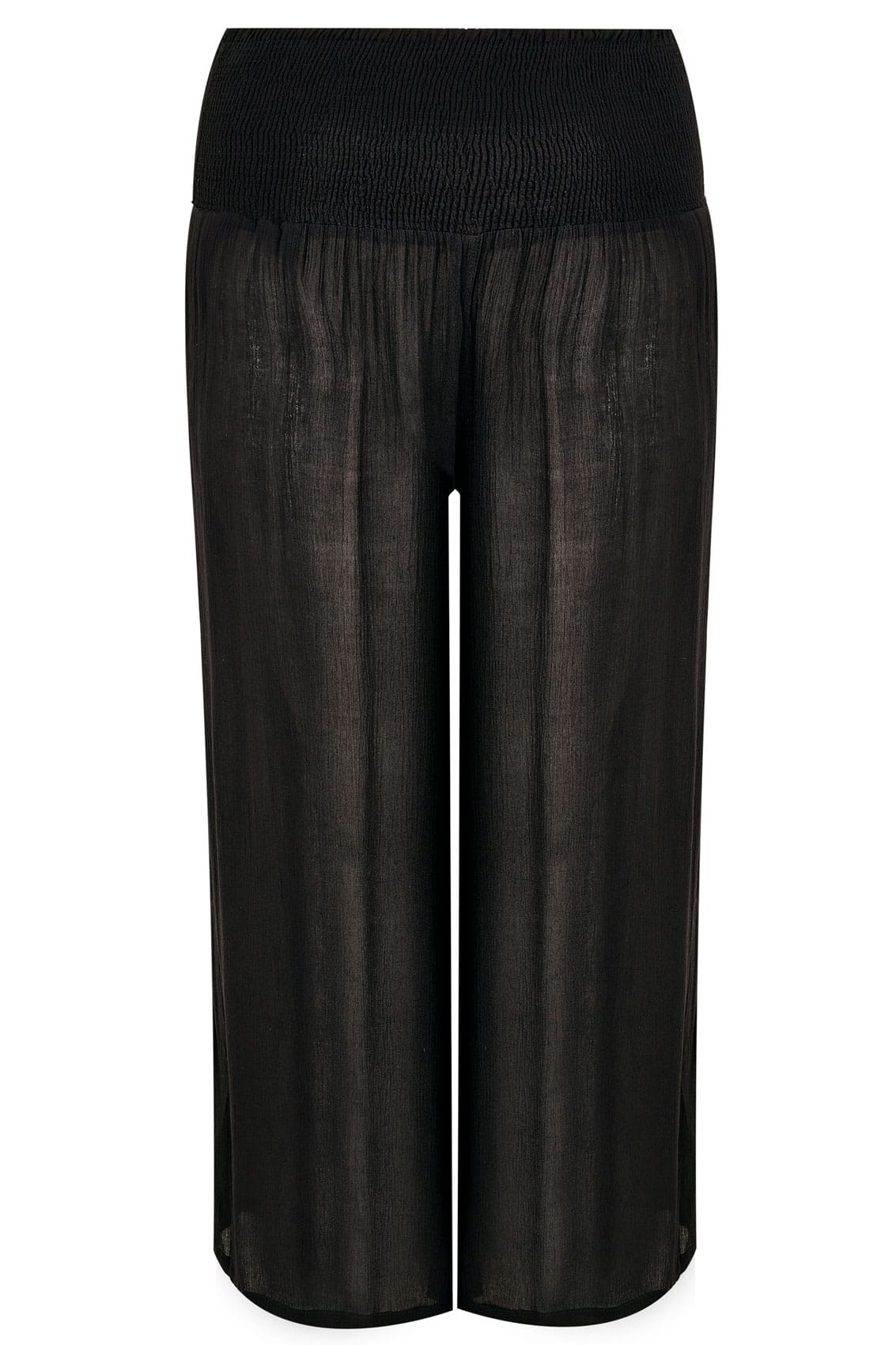 Black Crinkle Wide Leg Trousers With Ruched Elasticated Waist Panel ...