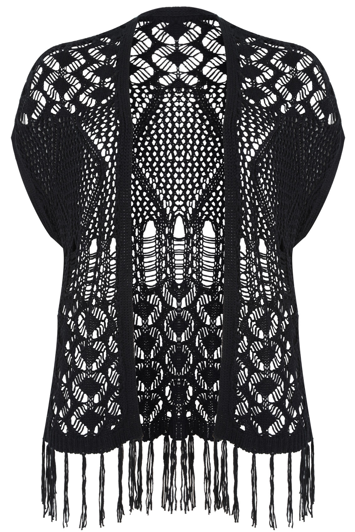 Black Crochet Knit Sleeveless Cardigan With Tassel Hem Plus Size 16 to 36