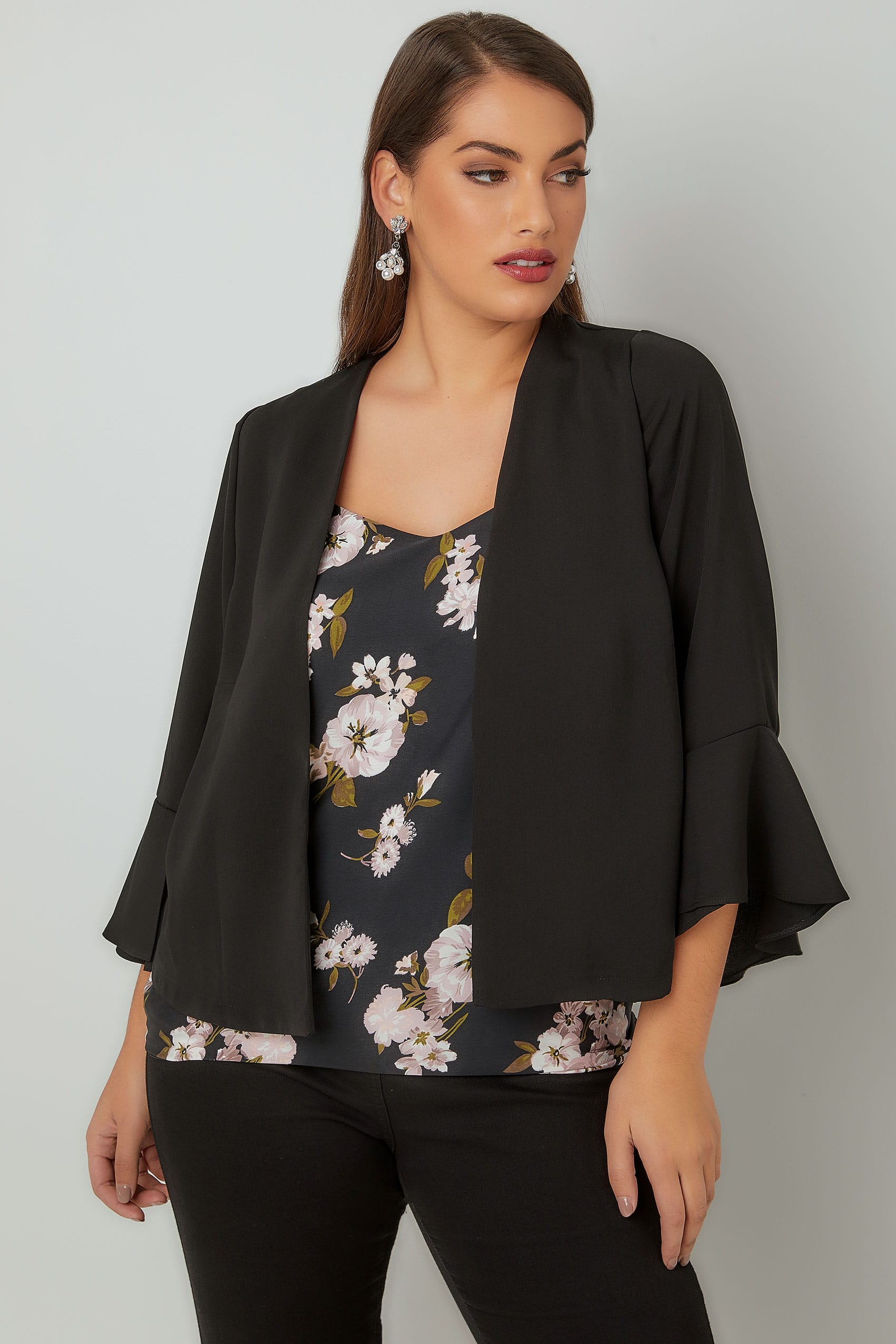 Black Cropped Kimono Jacket With Flute Sleeves, Plus size 16 to 36