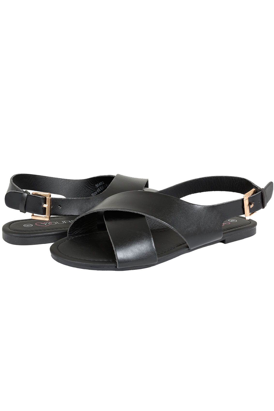 Black Cross Over Flat Sling Back Sandals With Gold Buckle In EEE Fit