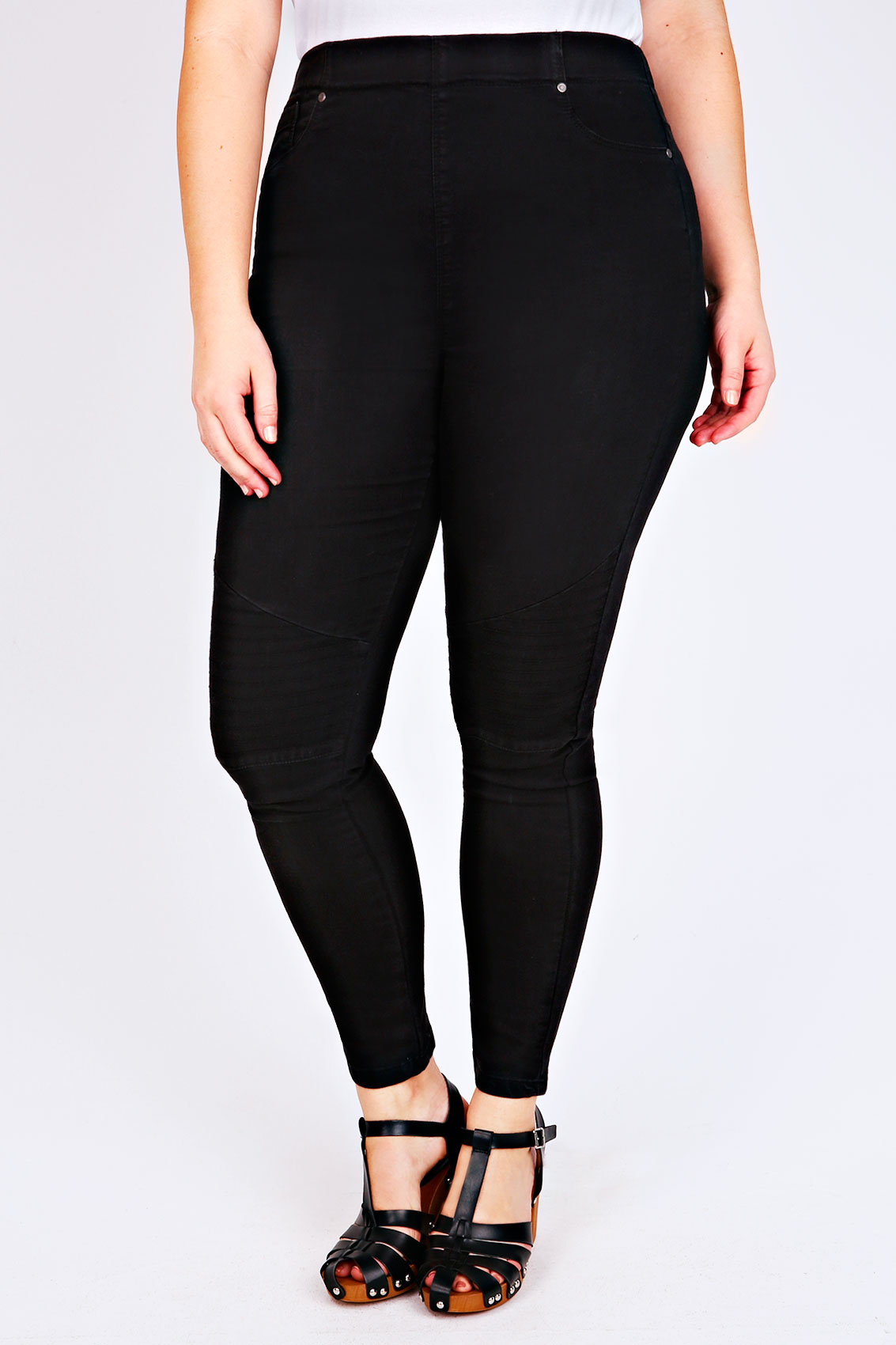 Black Denim Jeggings With Biker Pintuck Knee Detail & Elasticated Waist ...