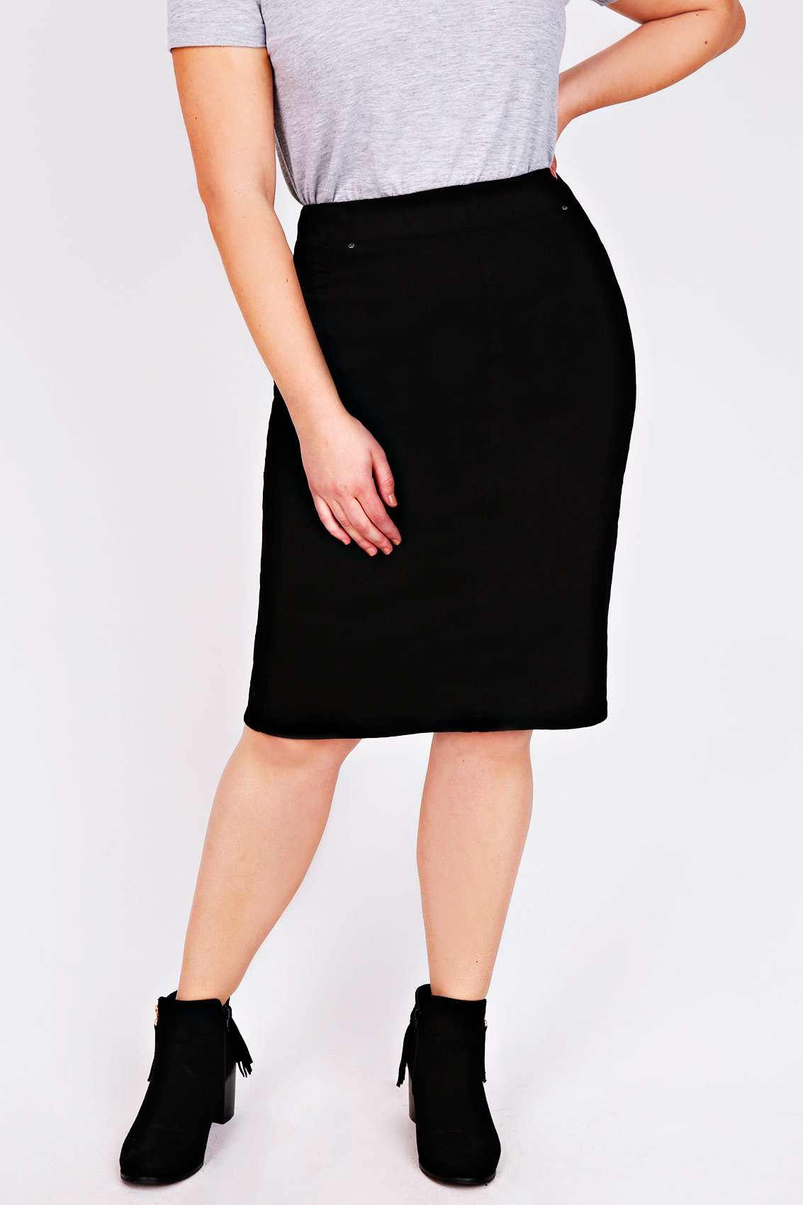 Black Denim Pull On Pencil Skirt Plus Size 16 to 28
