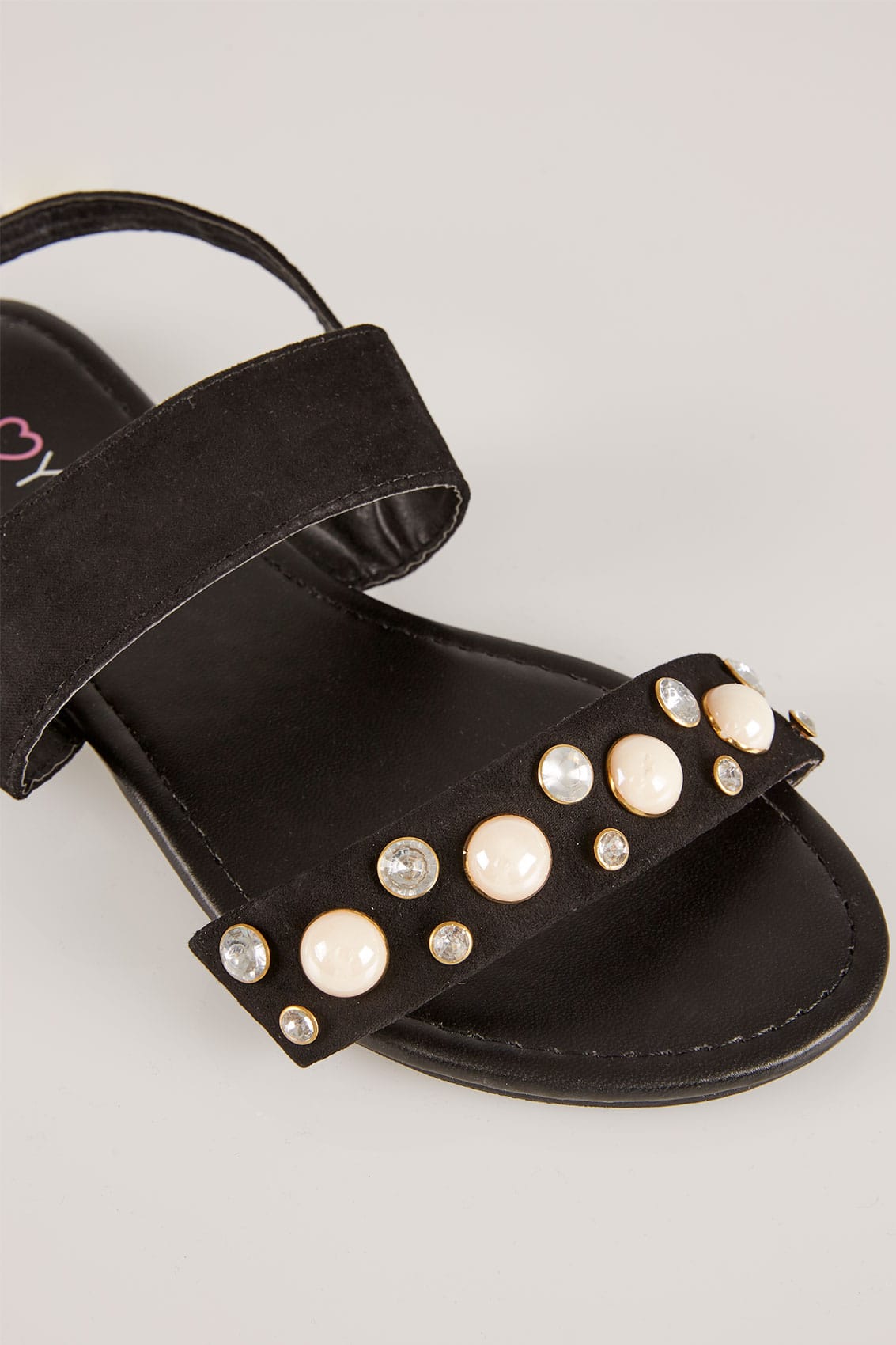 Black Sandals With Faux Pearl Trim In EEE Fit