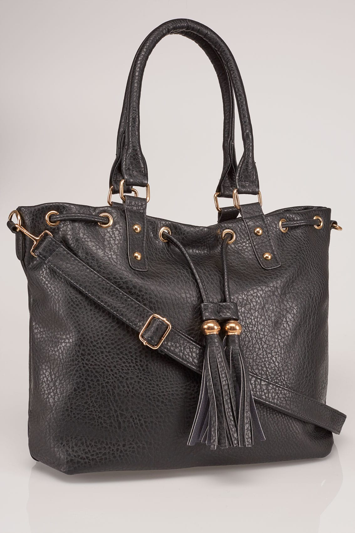 Black Drawstring Shoulder Bag With Tassels