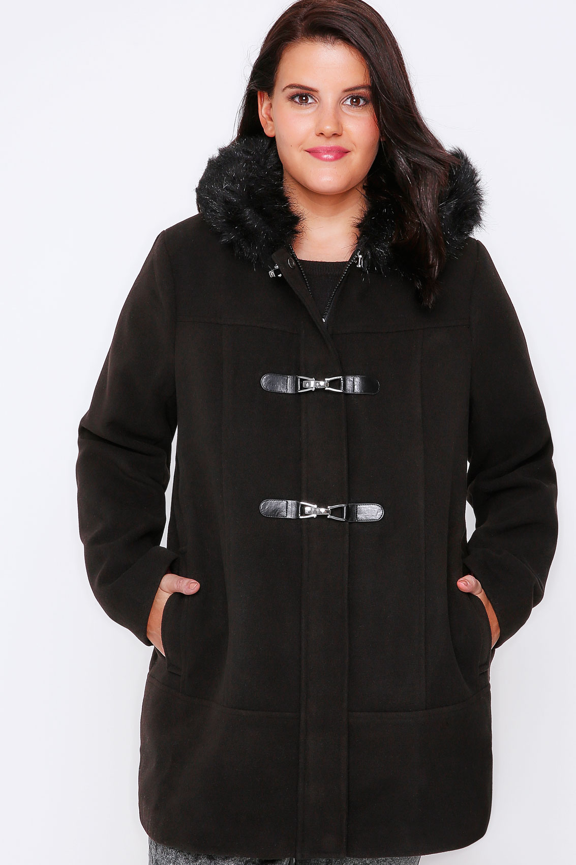 Black Duffle Coat With Fur Trim Hood Plus size:16,18,20,22,24,26 ...