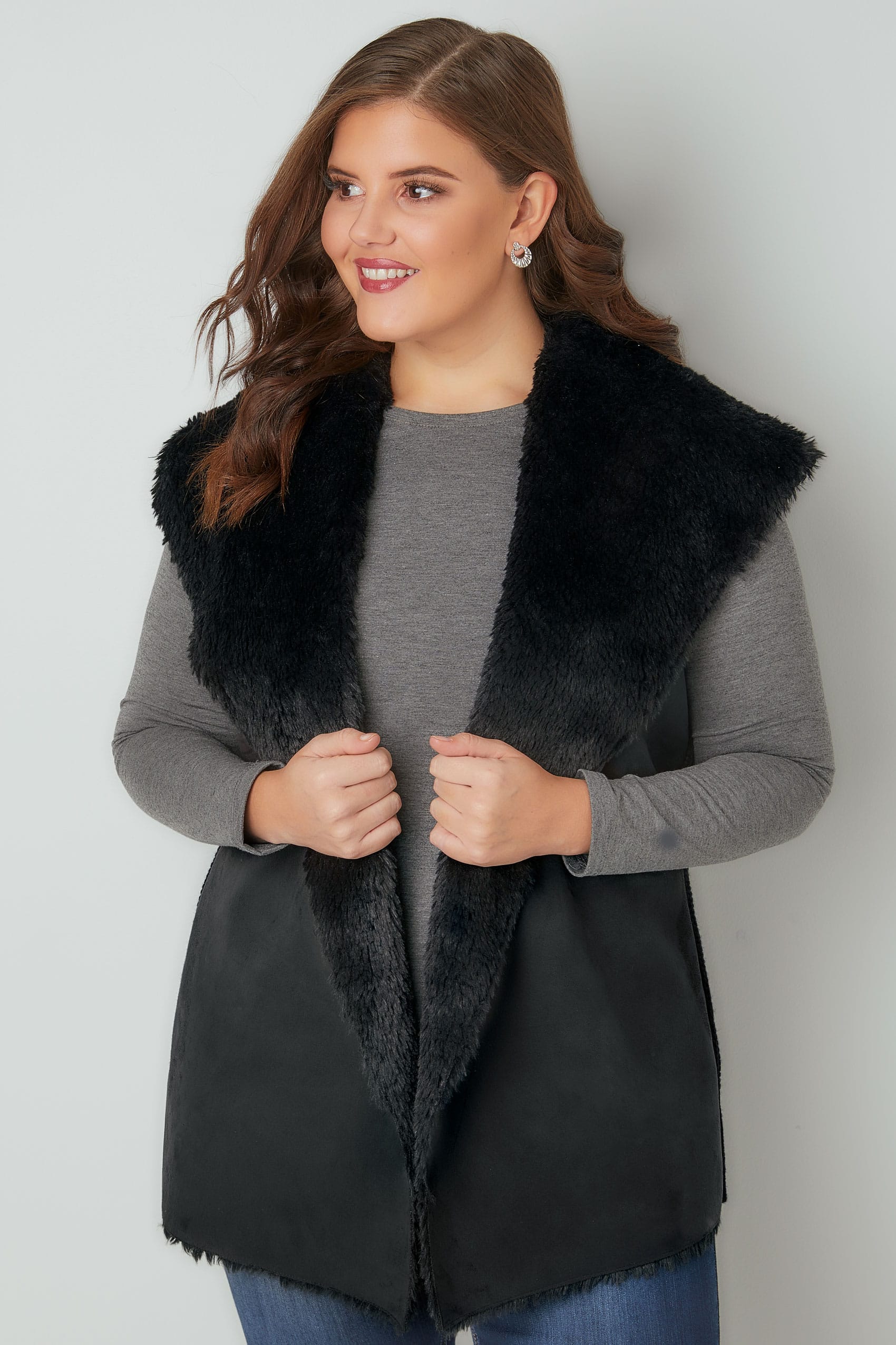 Black Faux Fur Sleeveless Cable Knit Gilet, Plus size 16 to 36