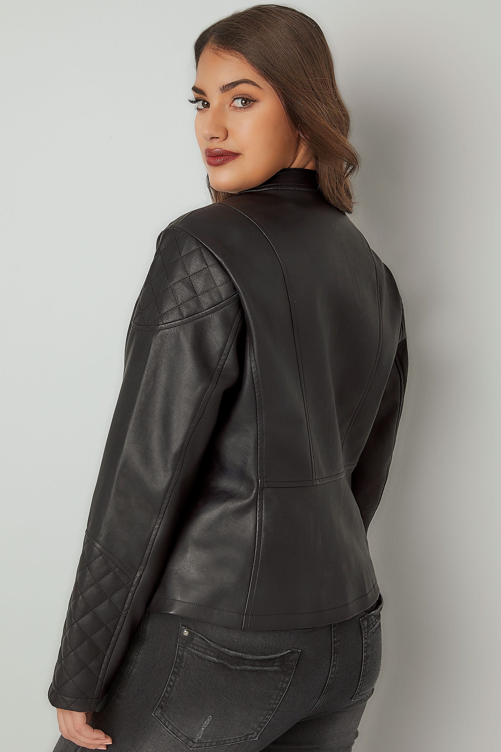 Black Faux Leather Jacket With Quilted Shoulders Plus Size 16 To 36 