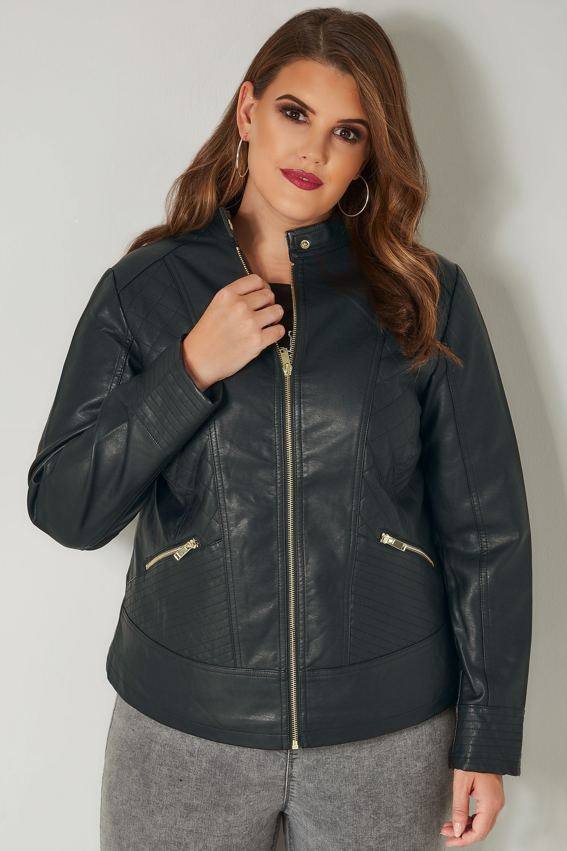 Black Faux Leather Quilted Jacket, plus size 16 to 36