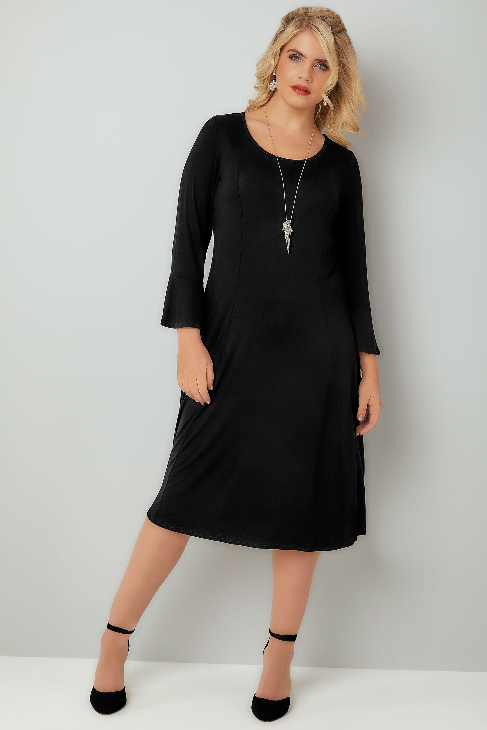 Black Fit & Flare Jersey Dress With Flute Sleeves plus size 16 to 36