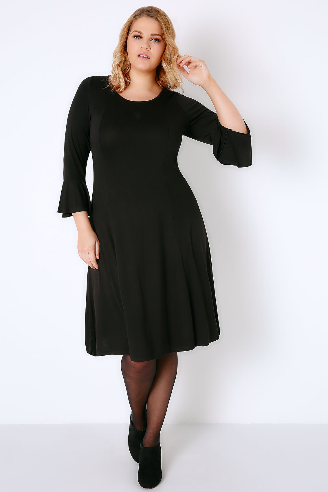 Black Fit And Flare Jersey Dress With Flute Sleeves Plus