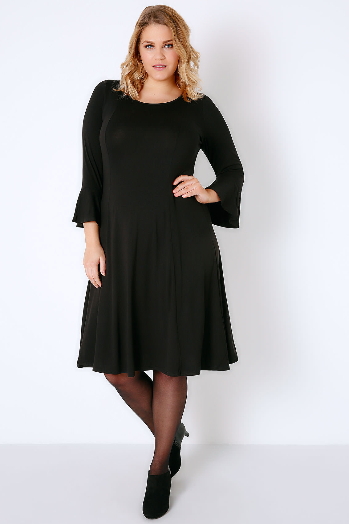 Black Fit And Flare Jersey Dress With Flute Sleeves Plus