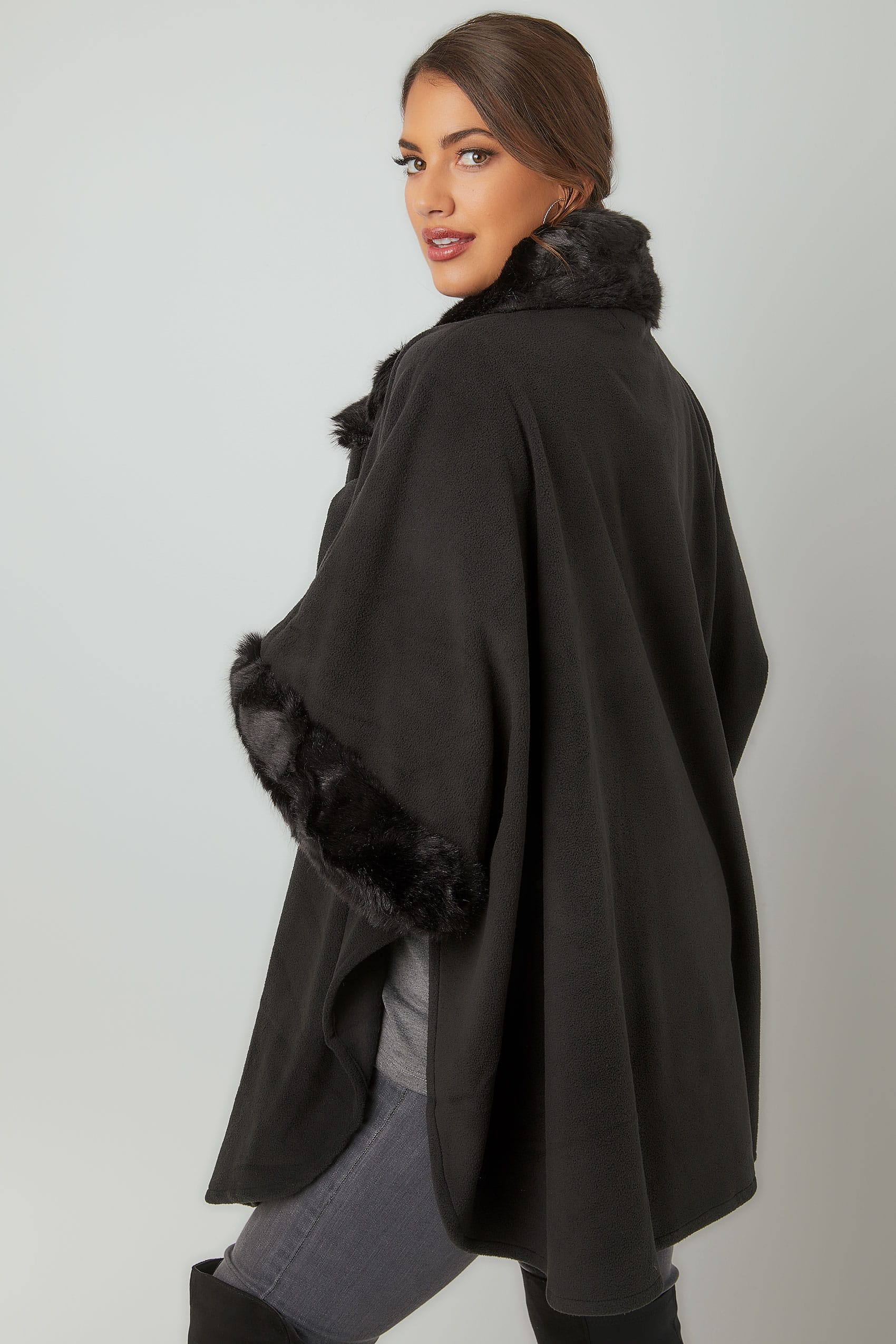 Black Fleece Wrap With Faux Fur Trims, Plus size 16 to 32