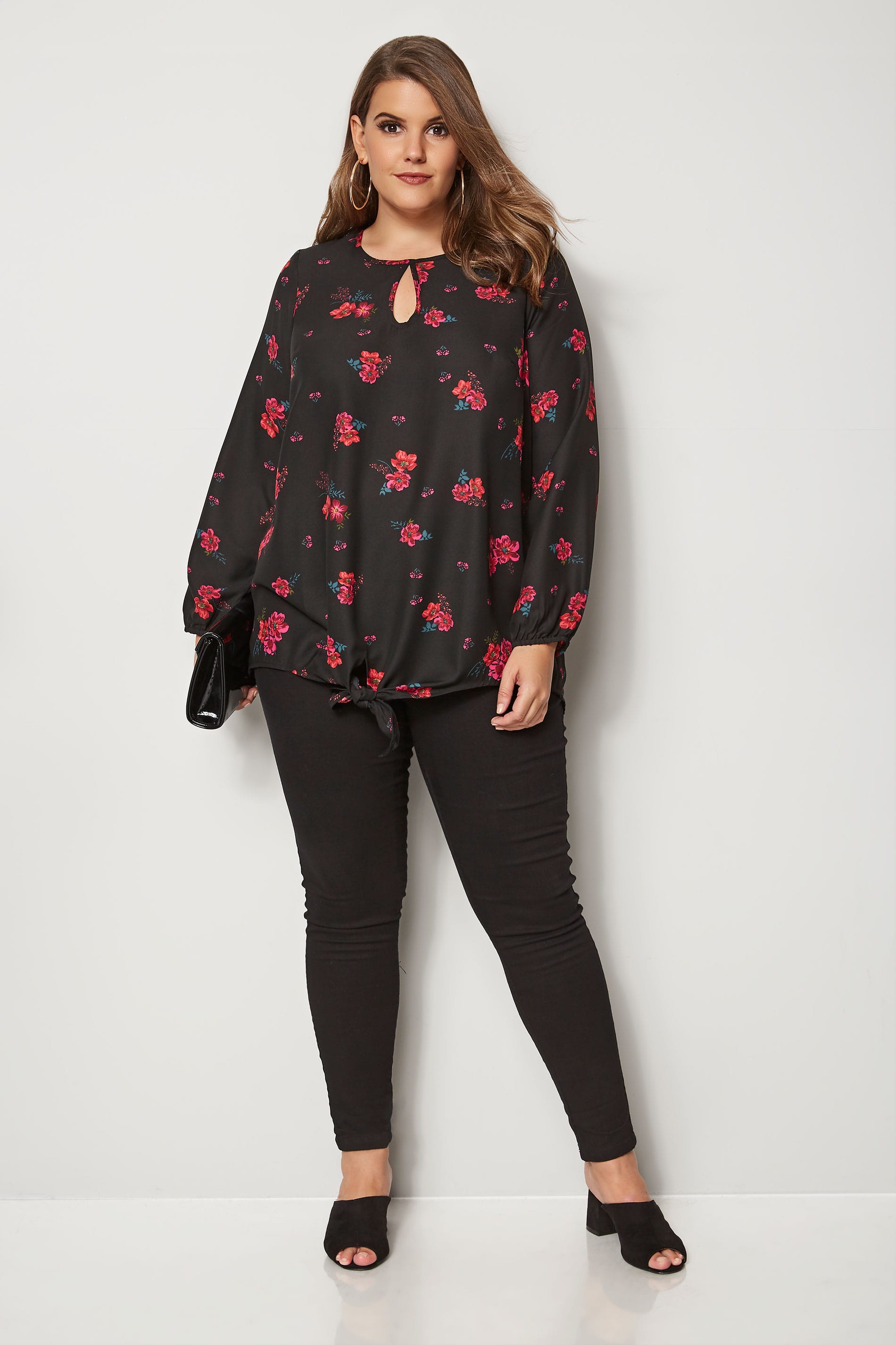 Black Floral Blouse With Tie-Front, plus size 16 to 36