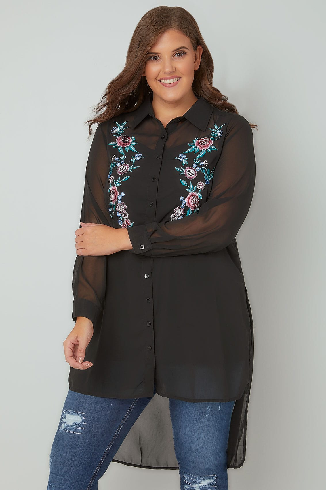 Black Floral Embroidered Chiffon Sheer Longline Shirt With Step Hem ...