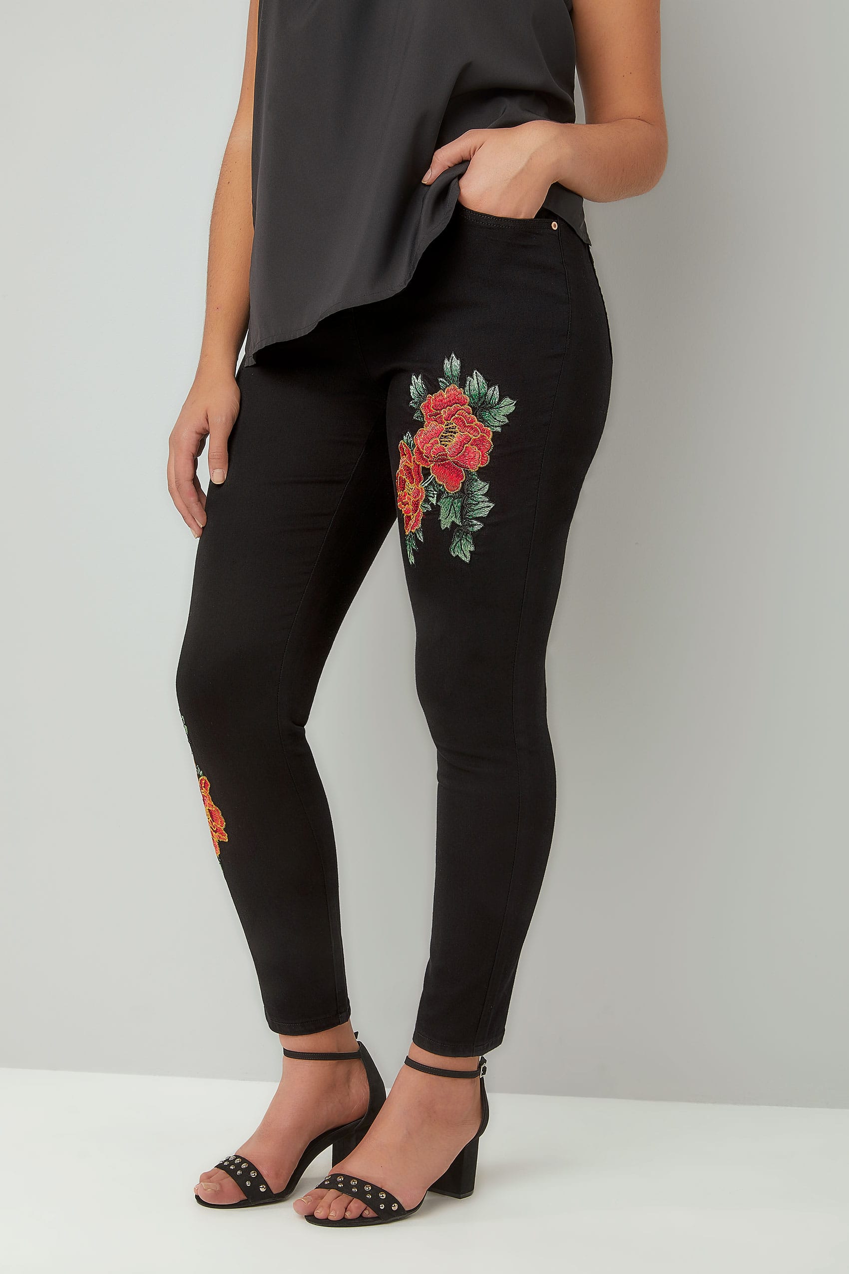 Black Floral Embroidered Skinny AVA Jeans, Plus size 16 to 28