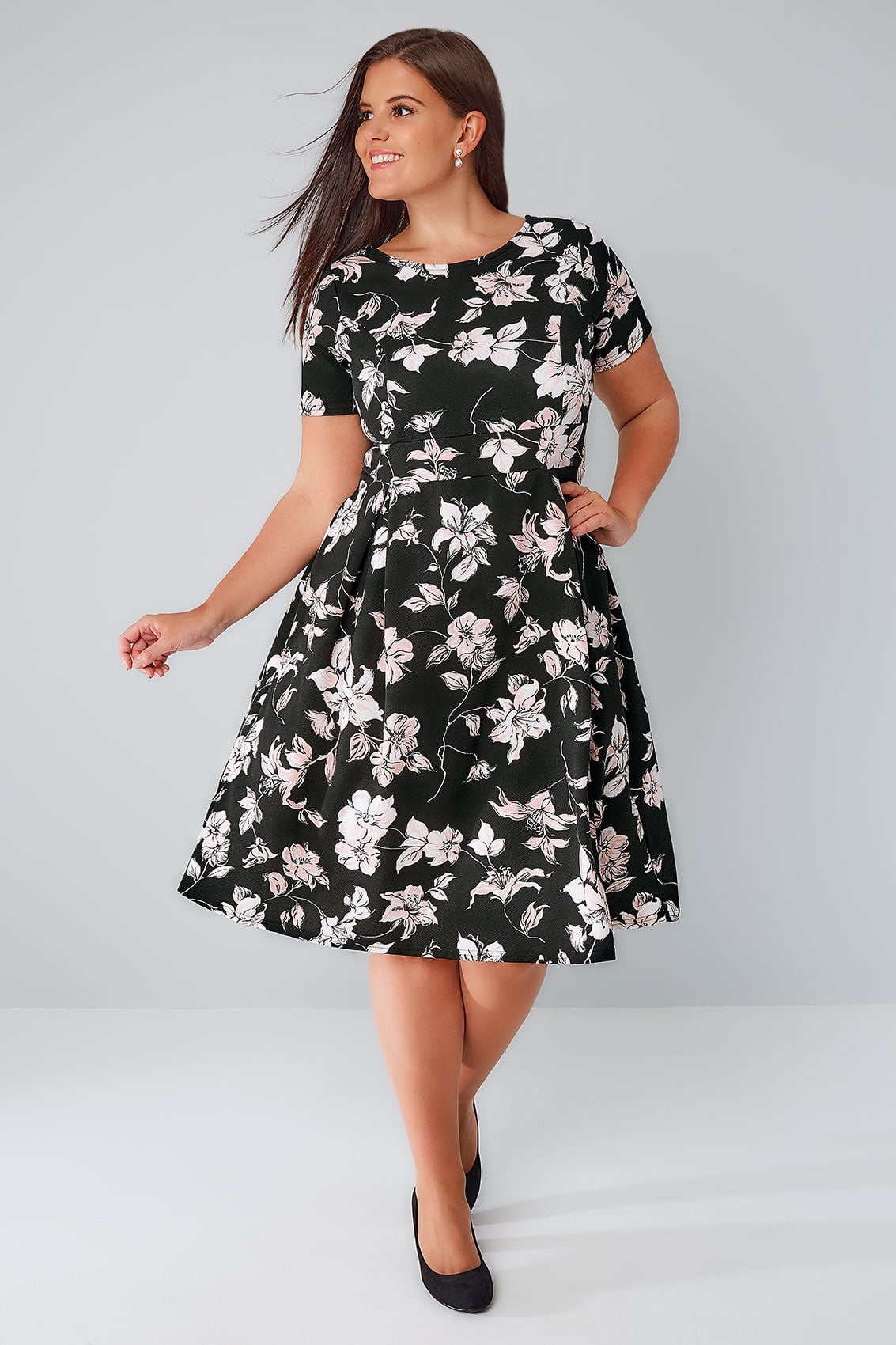 Black Floral Print Skater Dress With Pleated Skirt, Plus size 16 to 36