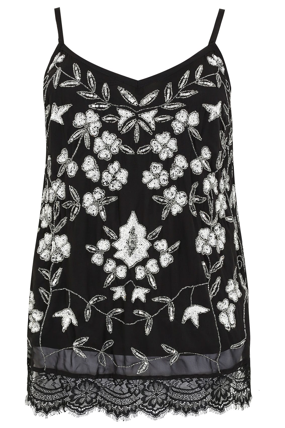 LUXE Black Floral Embellished Top With Lace Hem, Plus size 16 to 32