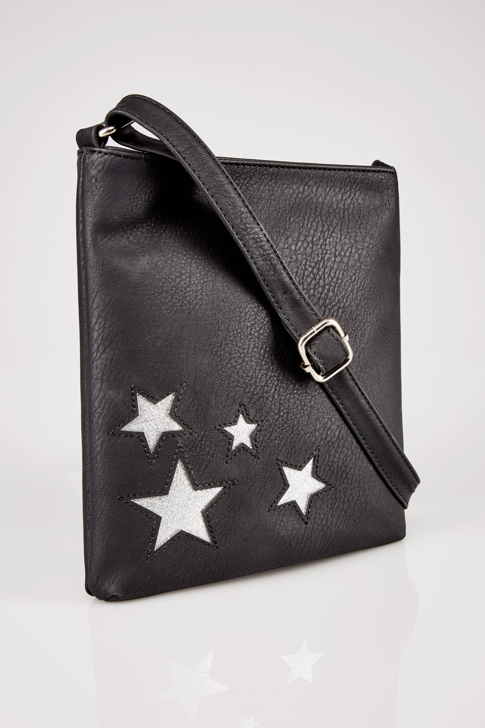 Black Glitter Star Patterned Cross Body Bag With Extended Strap