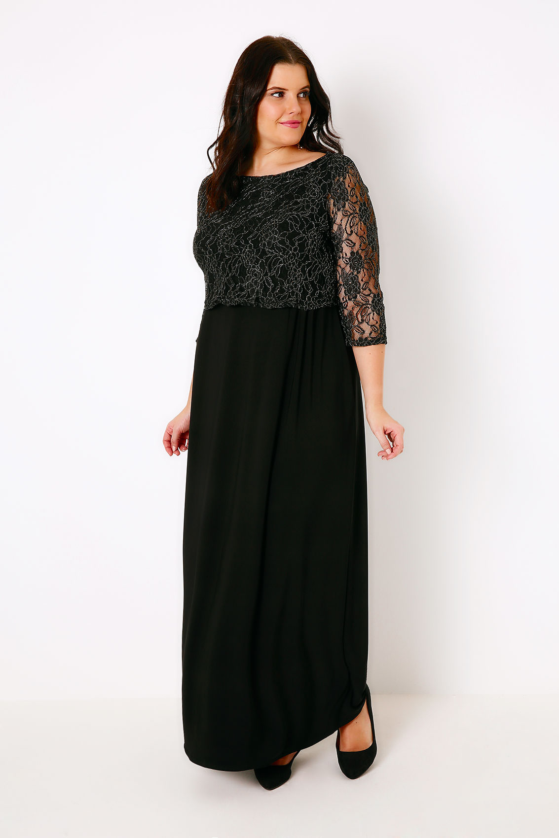 Black And Gold Maxi Lace Overlay Dress With Long Sleeves Plus Size 16 To 32 0243