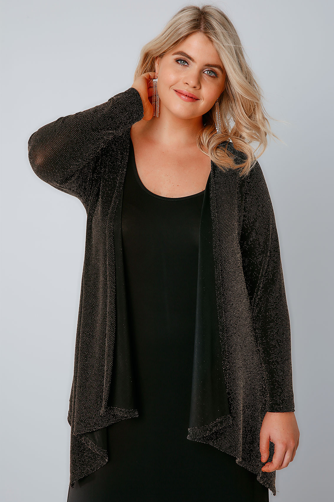 Black & Gold Sparkle Waterfall Cardigan, Plus size 16 to 32