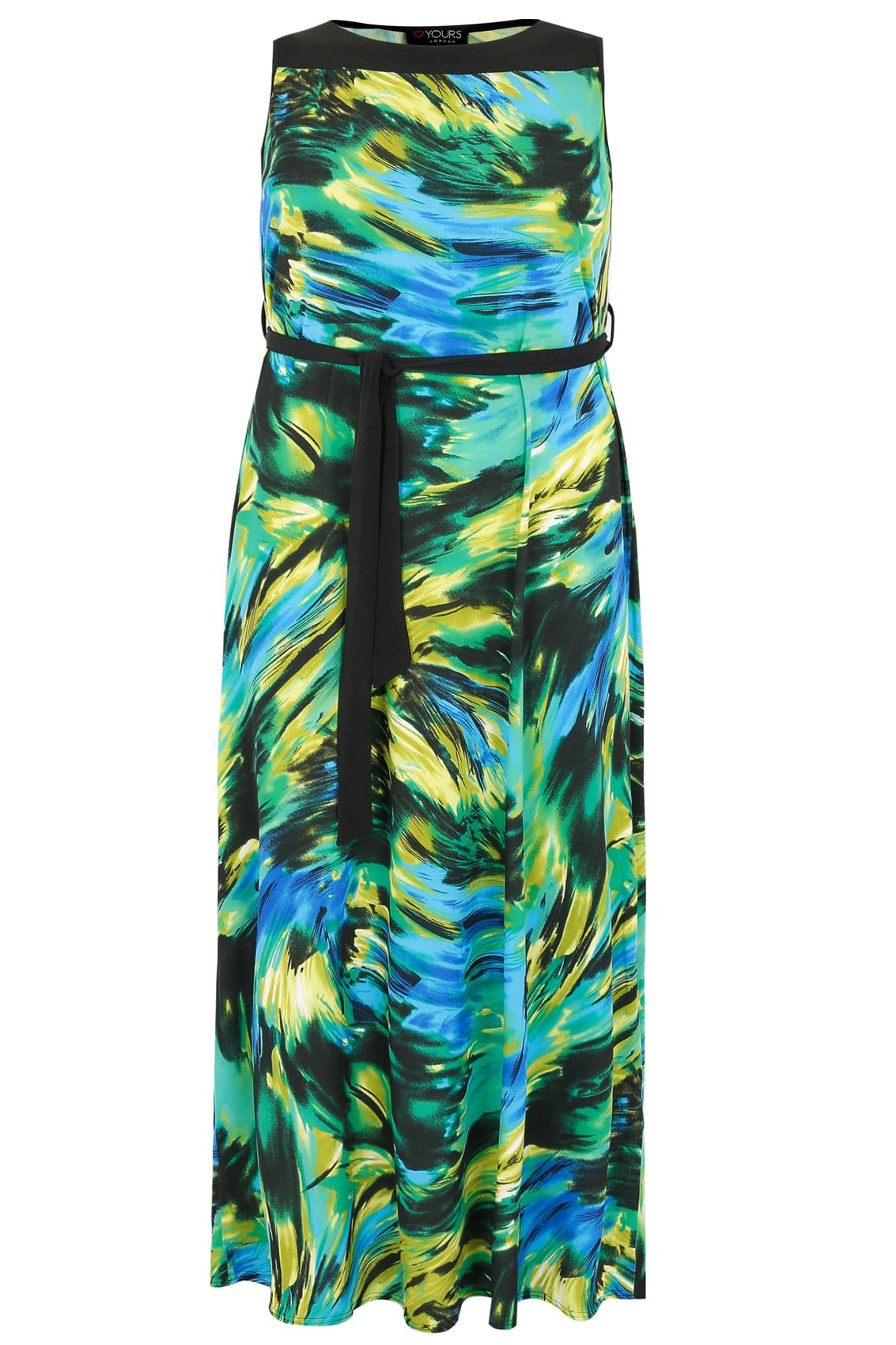 Black & Green Sleeveless Brush Stroke Print Maxi Dress