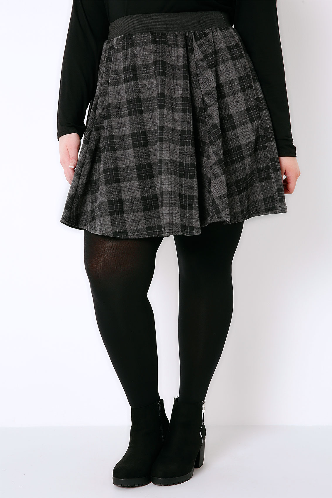 Black And Grey Checked Print Jersey Skater Skirt Plus Size 16 To 36 1942