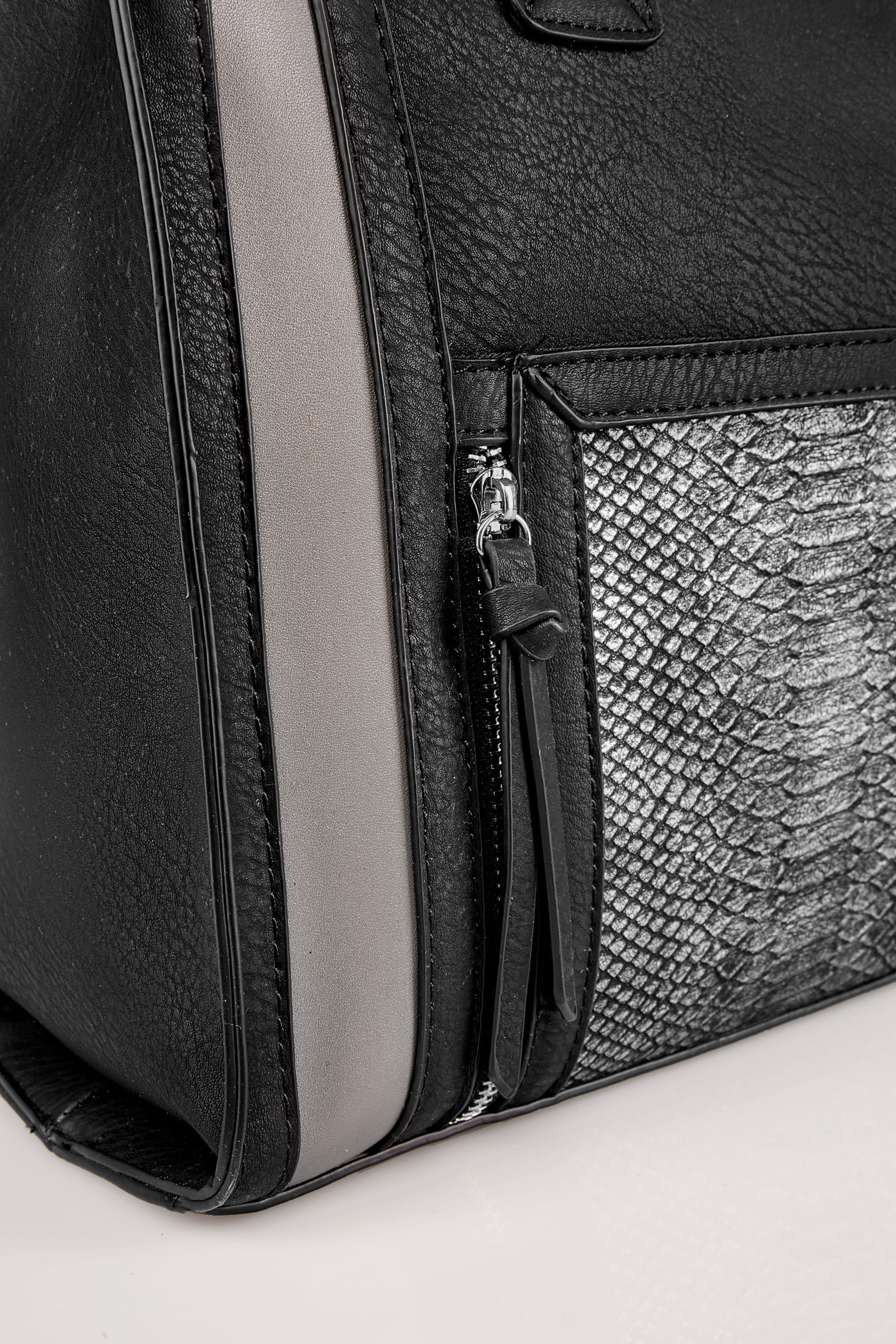 Black  Grey Snakeskin Effect Panelled Shopper Bag With -4583