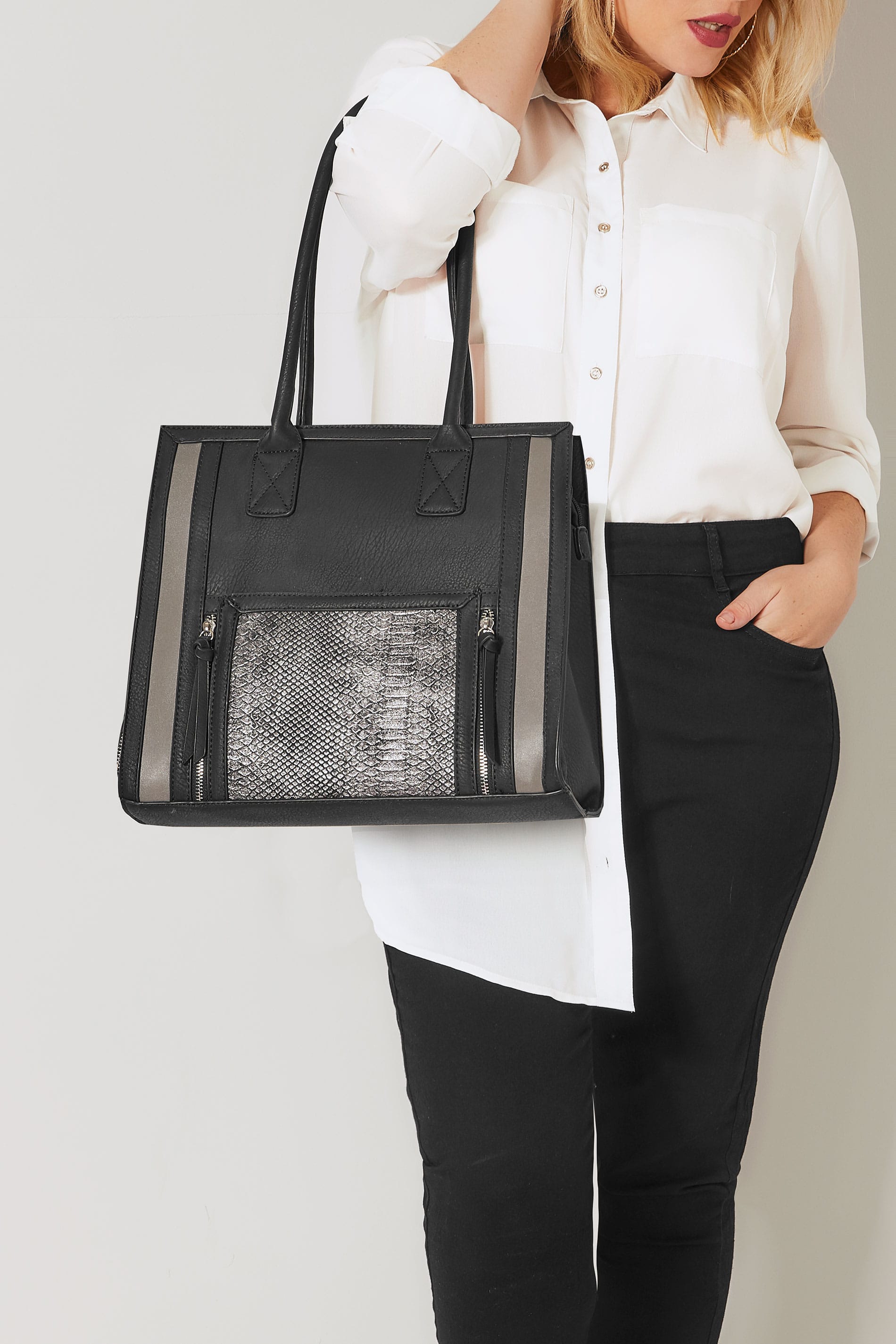 Black & Grey Snakeskin Effect Panelled Shopper Bag With Zip Details & Extended Handles1900 x 2850